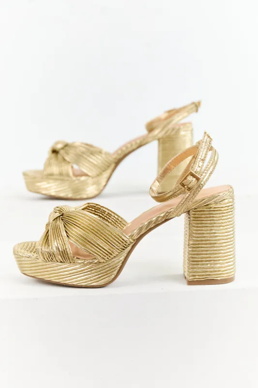 Gold Metallic Ribbed Knot Strap Platform Block Heels sold by Lime Lush
