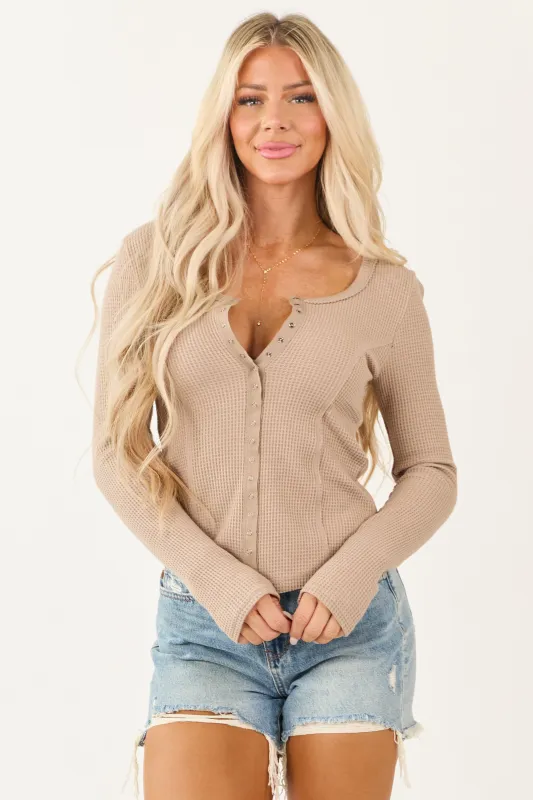 Latte Waffle Knit Long Sleeve Button Down Top made by Very J