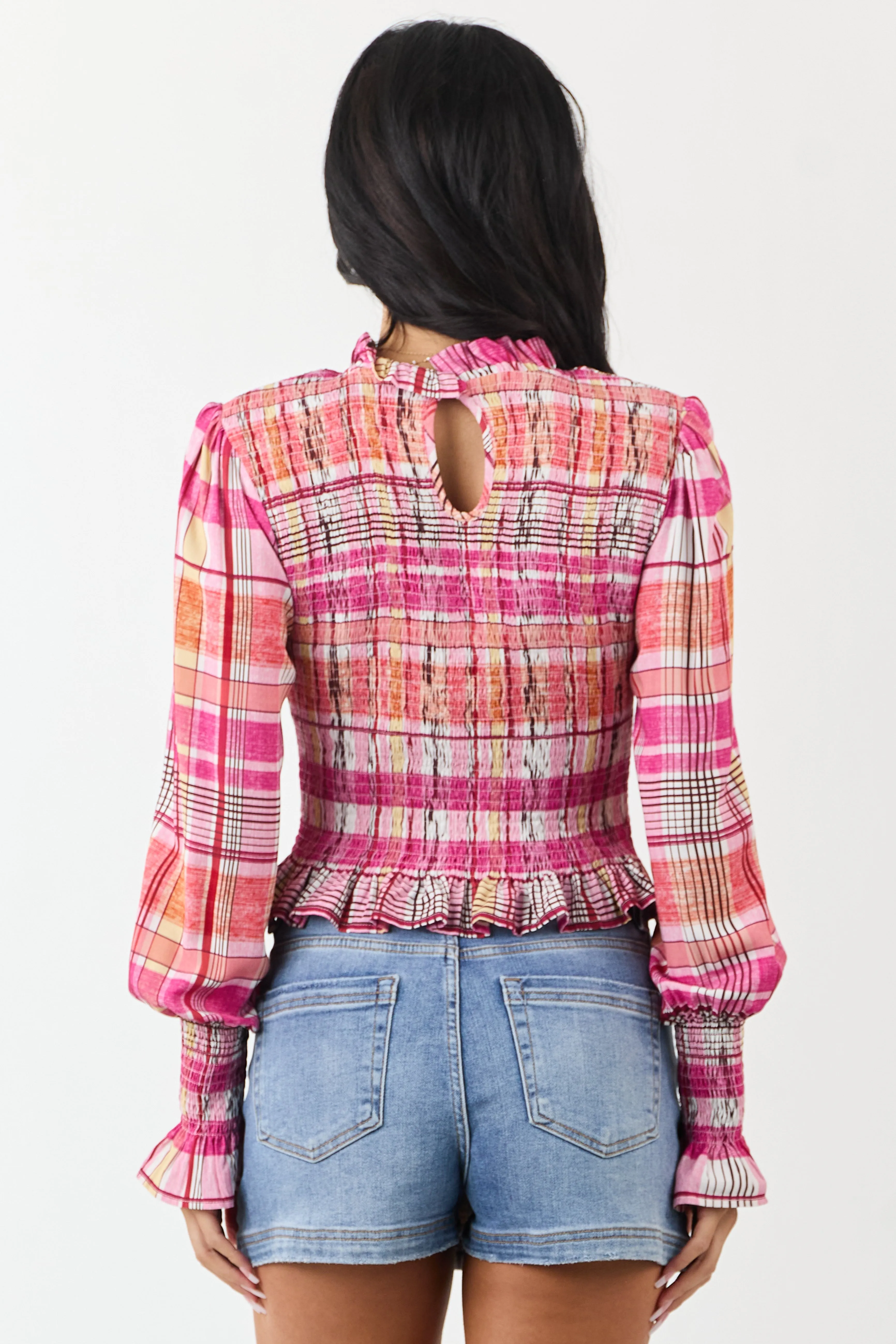 Fuchsia Plaid Smocked Long Sleeve Cotton Top sold by Lime Lush product image thumbnail 5