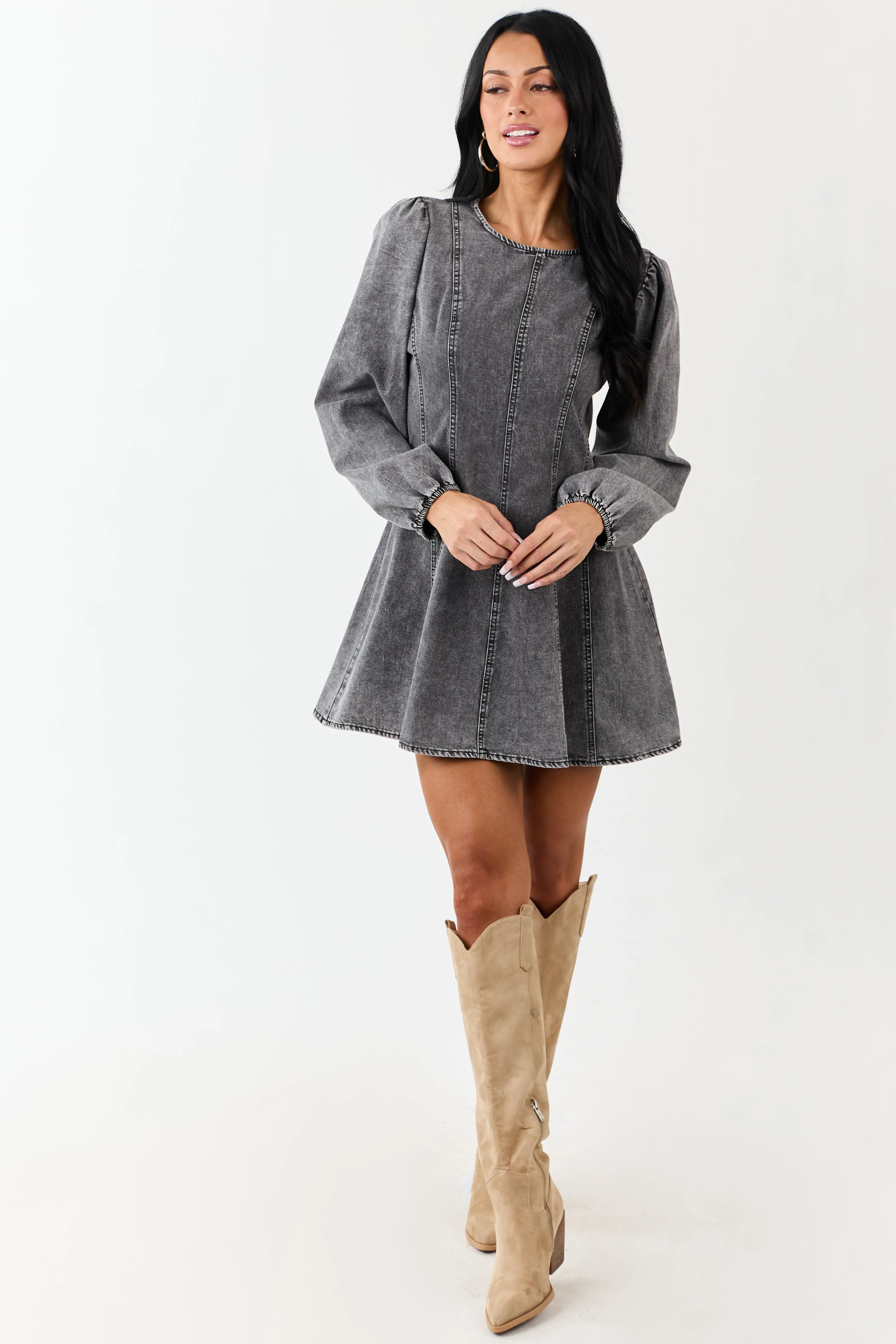 Charcoal Mineral Wash Denim Long Sleeve Mini Dress sold by Lime Lush product image thumbnail 3