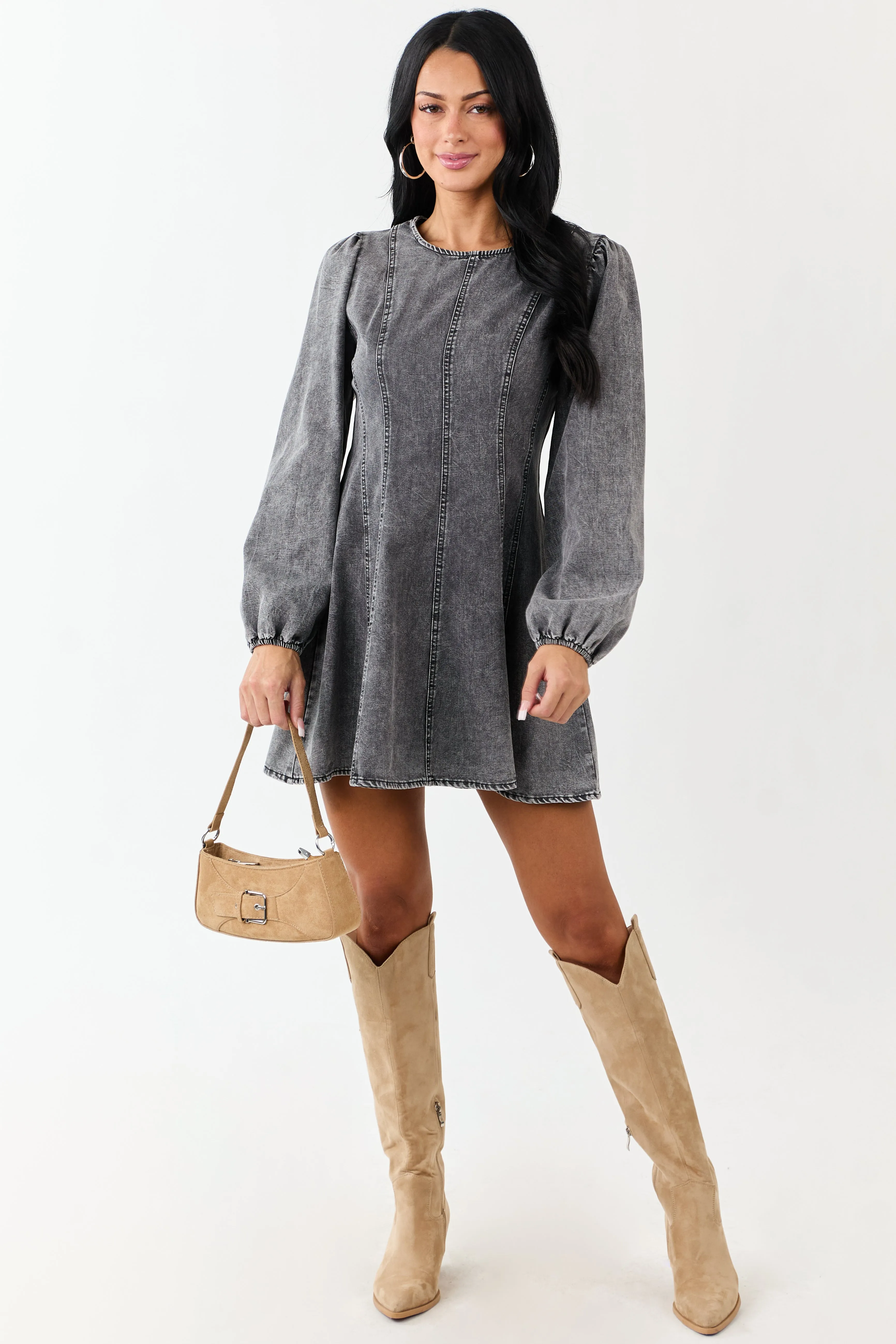 Charcoal Mineral Wash Denim Long Sleeve Mini Dress sold by Lime Lush product image thumbnail 2