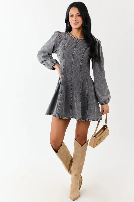 Charcoal Mineral Wash Denim Long Sleeve Mini Dress sold by Lime Lush