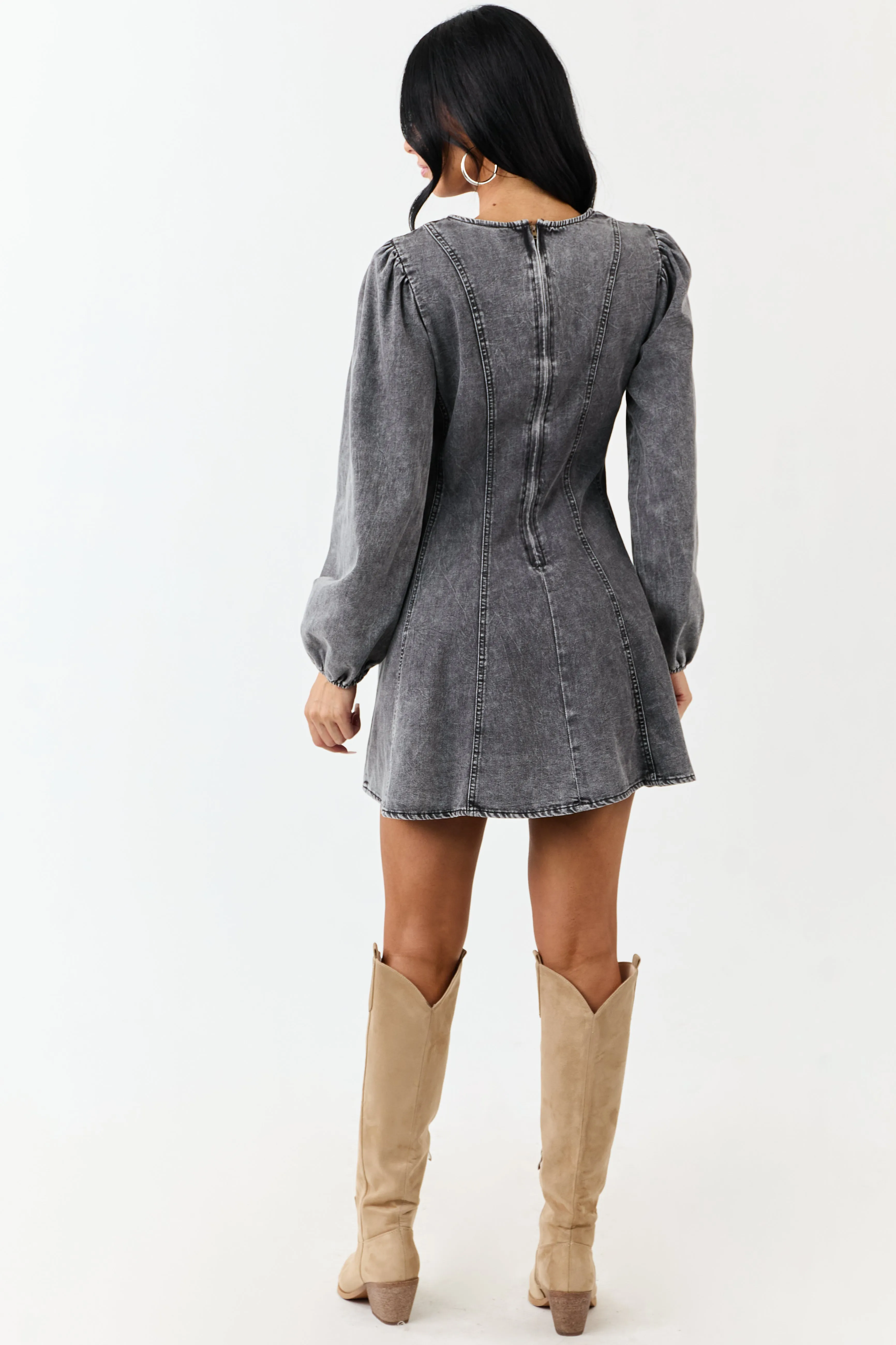 Charcoal Mineral Wash Denim Long Sleeve Mini Dress sold by Lime Lush product image thumbnail 5