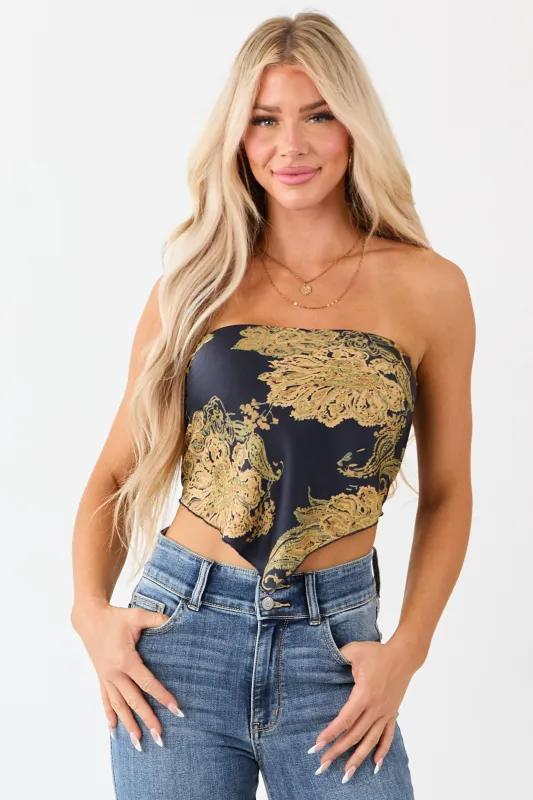 Navy Paisley Satin Bandana Smocked Strapless Top sold by Lime Lush