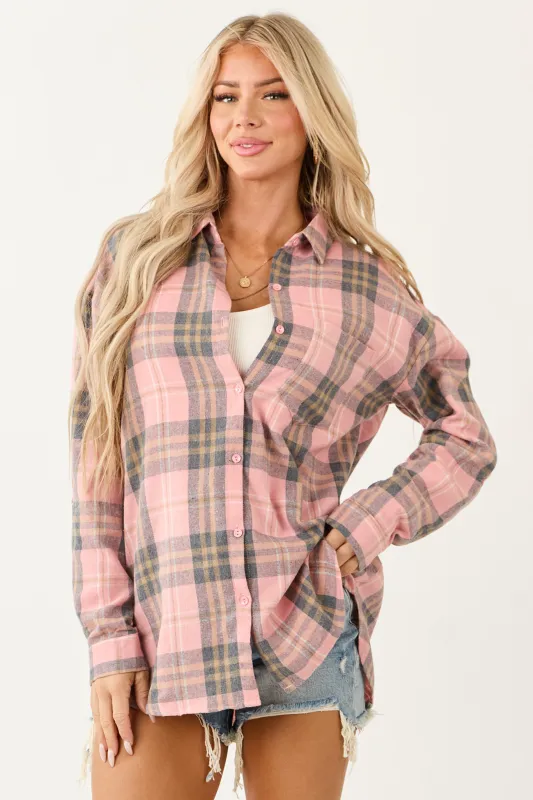 Faded Punch Plaid Flannel Long Sleeve Button Up Top sold by Lime Lush
