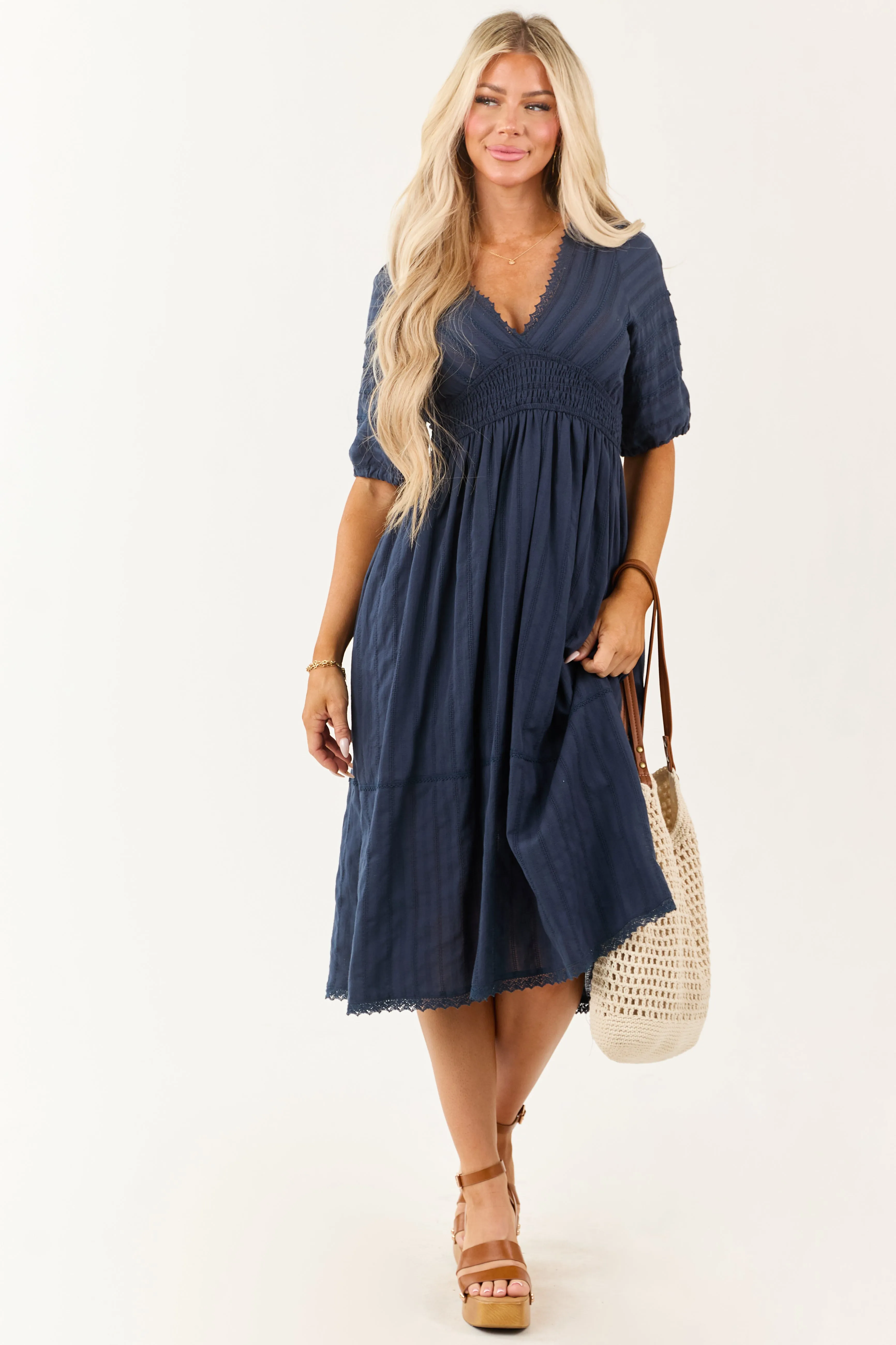 Navy Half Puff Sleeve Lace Trim Cotton Midi Dress sold by Lime Lush product image thumbnail 2