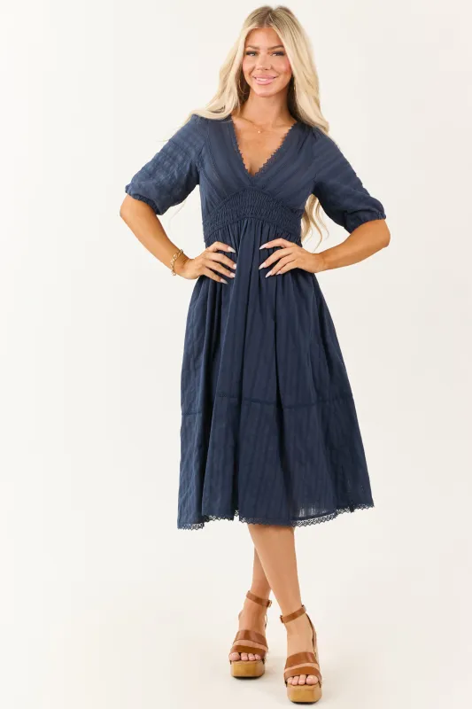 Navy Half Puff Sleeve Lace Trim Cotton Midi Dress sold by Lime Lush