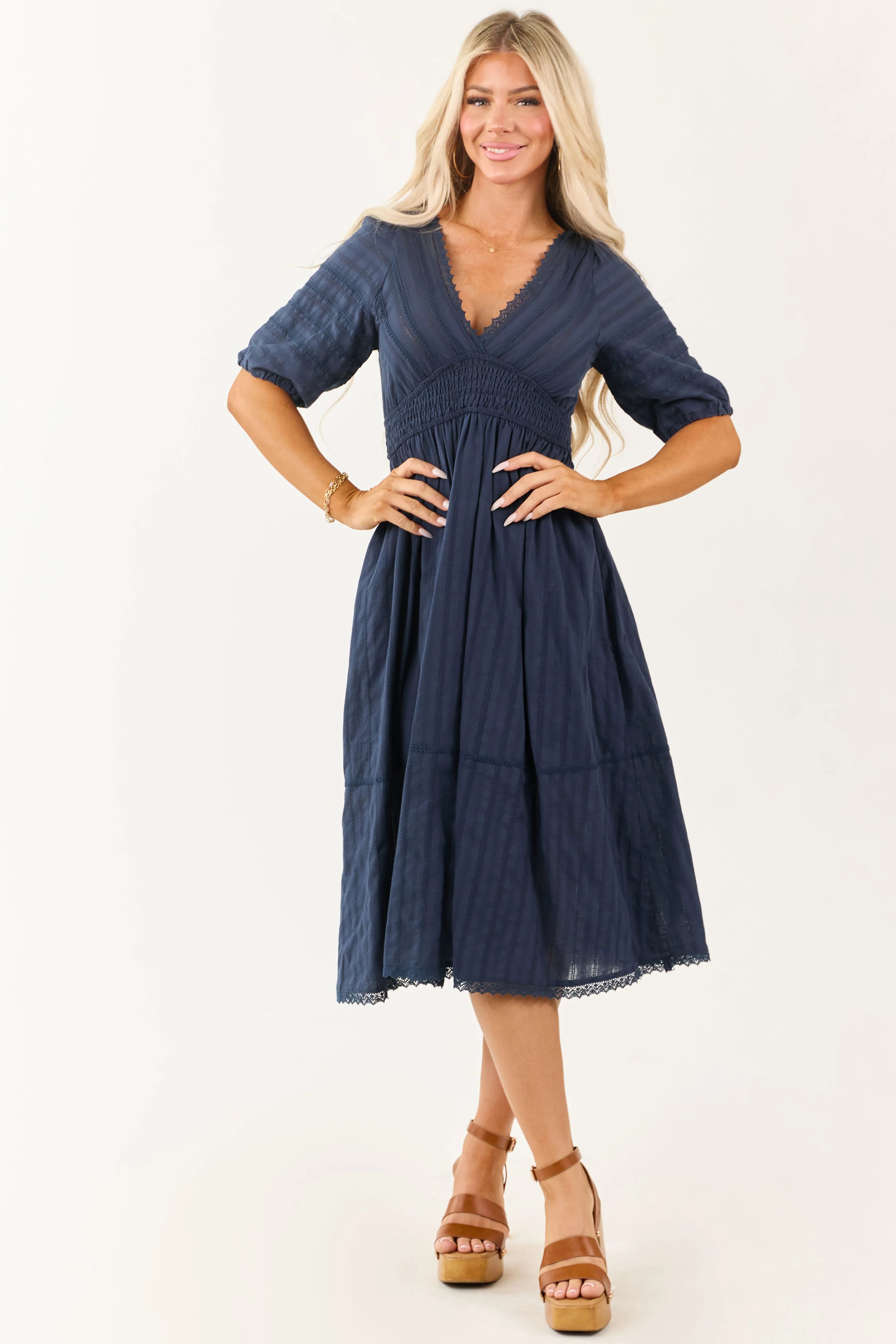 Navy Half Puff Sleeve Lace Trim Cotton Midi Dress sold by Lime Lush