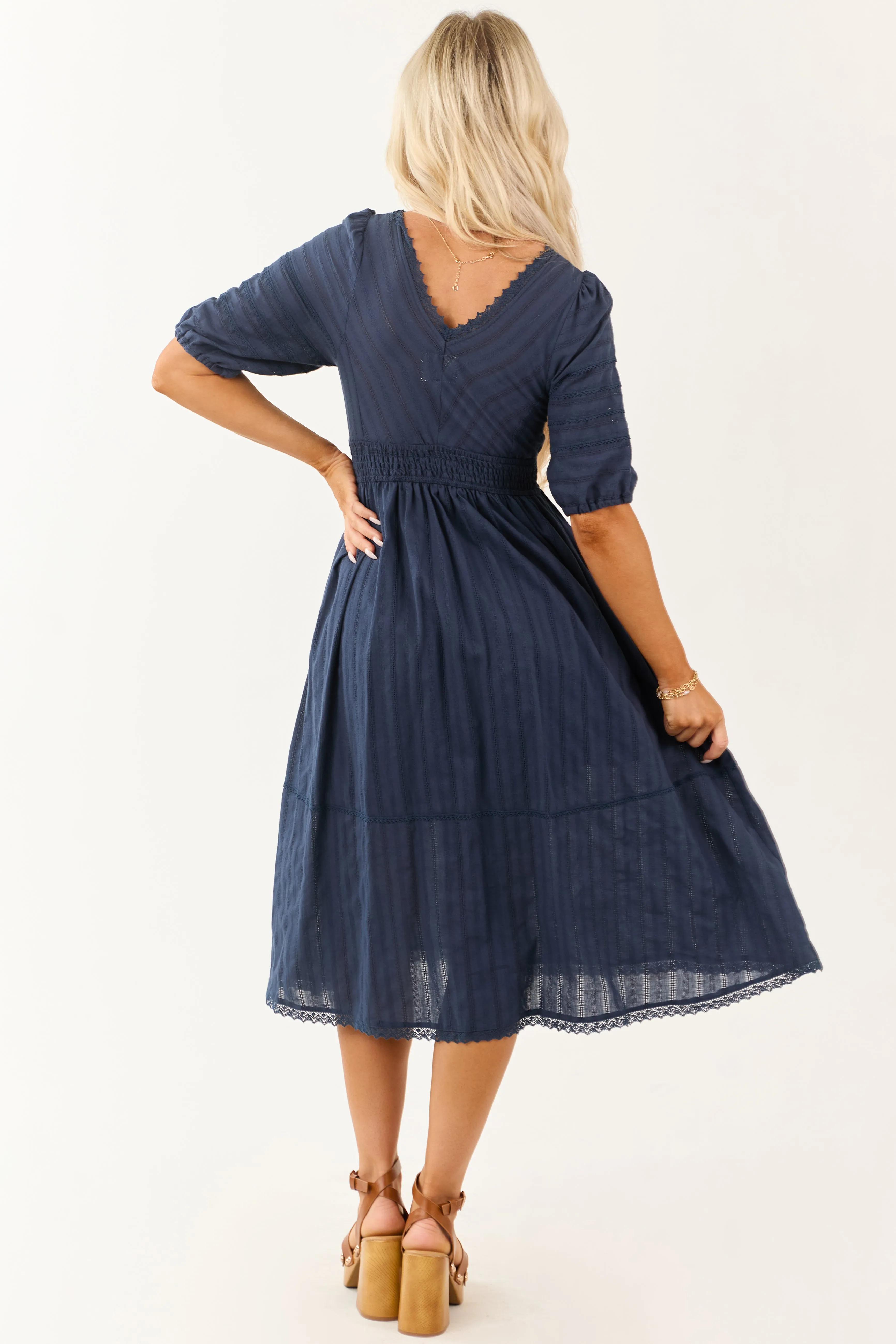 Navy Half Puff Sleeve Lace Trim Cotton Midi Dress sold by Lime Lush product image thumbnail 5