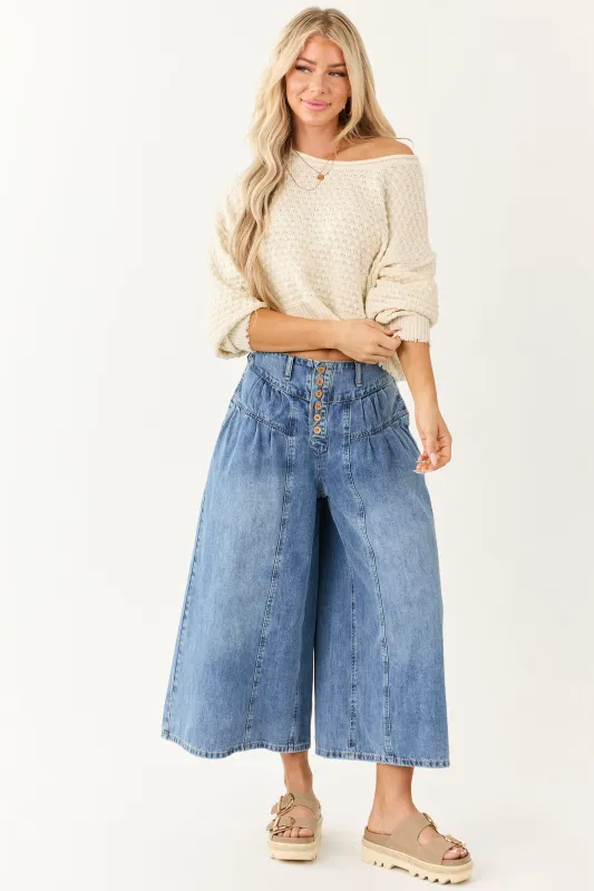 Medium Wash High Rise Cropped Wide Leg Denim Pants sold by Lime Lush