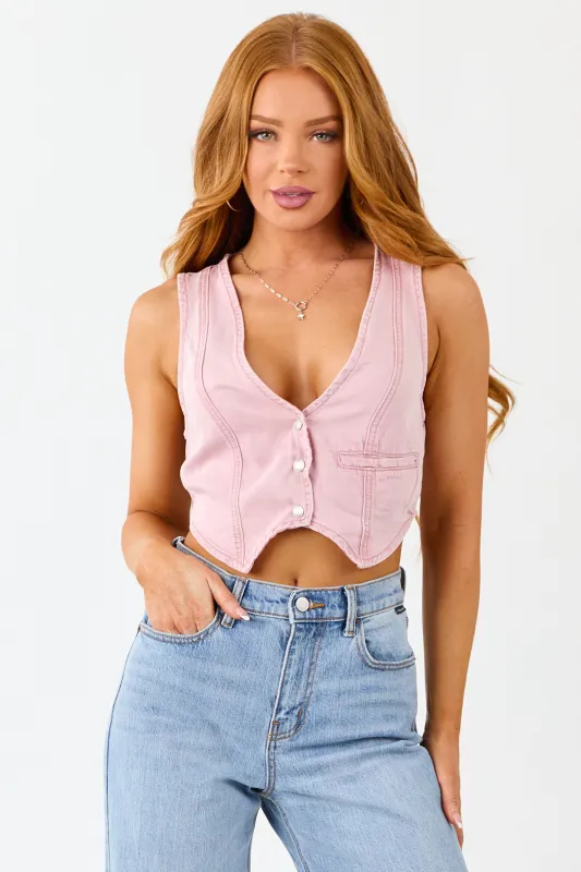 Carnation Button Down Lightweight Denim Crop Vest sold by Lime Lush
