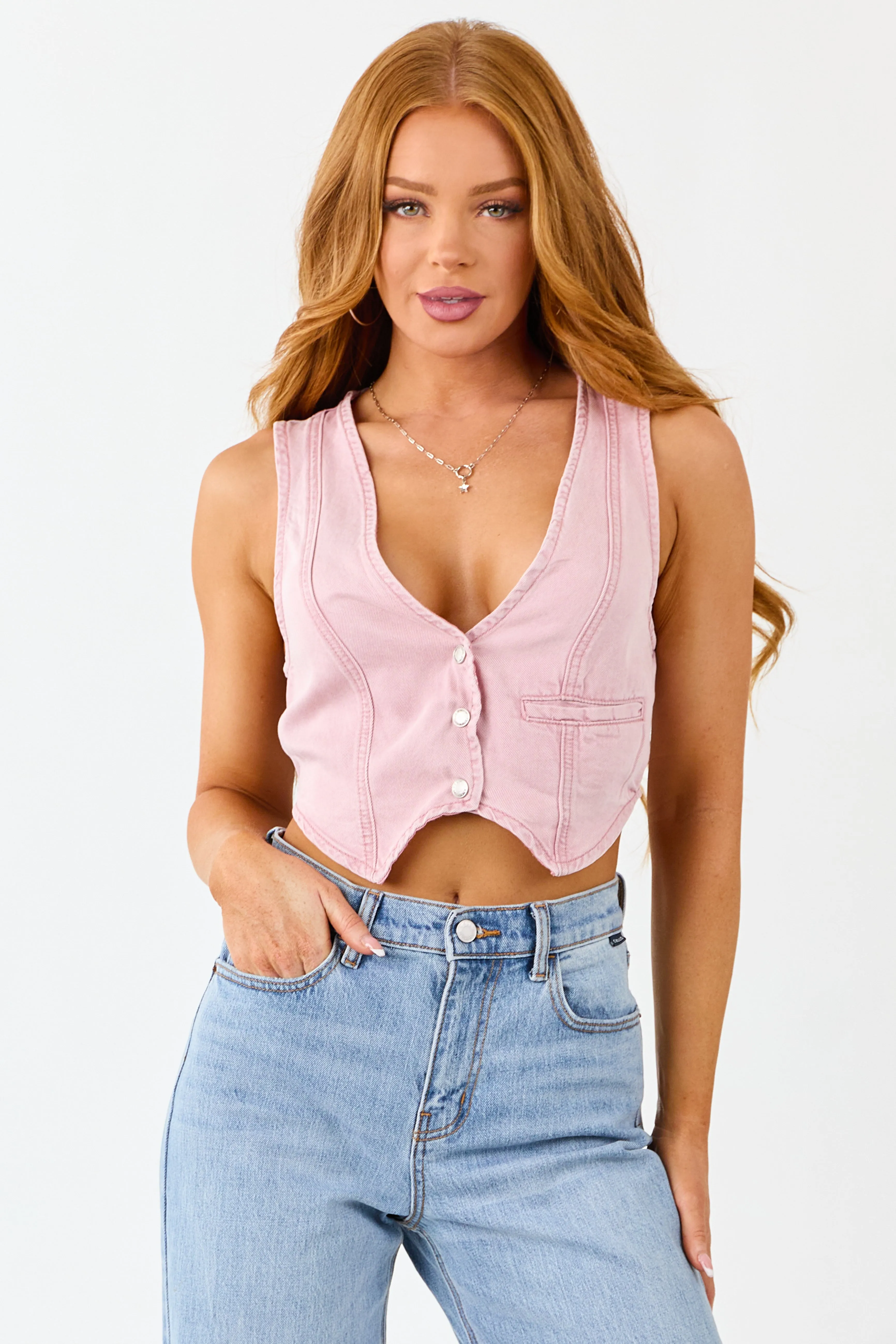 Carnation Button Down Lightweight Denim Crop Vest sold by Lime Lush