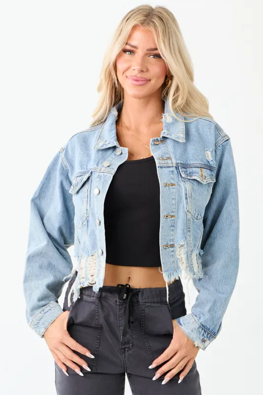 Medium Mineral Wash Denim Distressed Boxy Jacket sold by Lime Lush