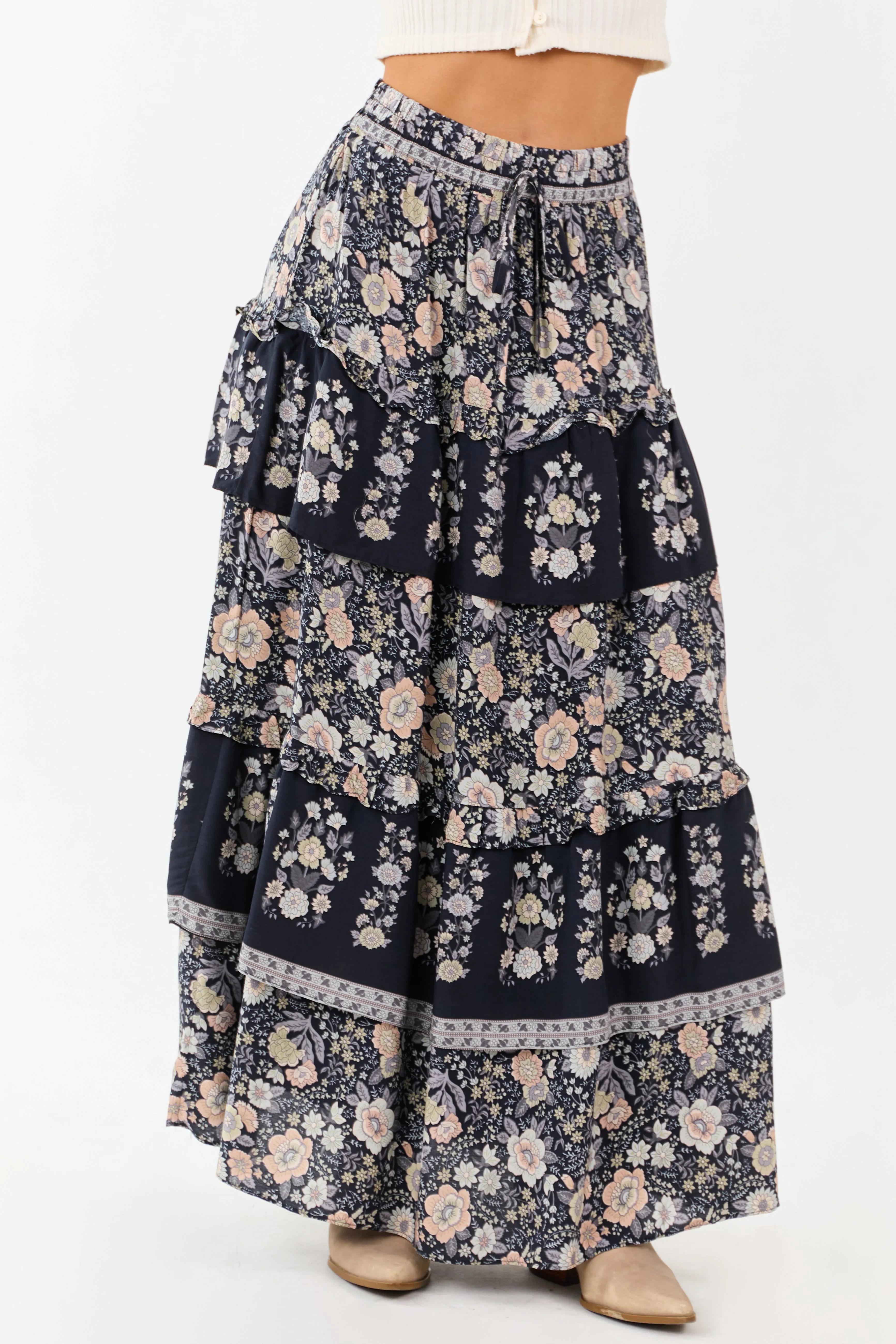 Navy Floral Print Ruffle Tiered Maxi Skirt sold by Lime Lush product image thumbnail 2