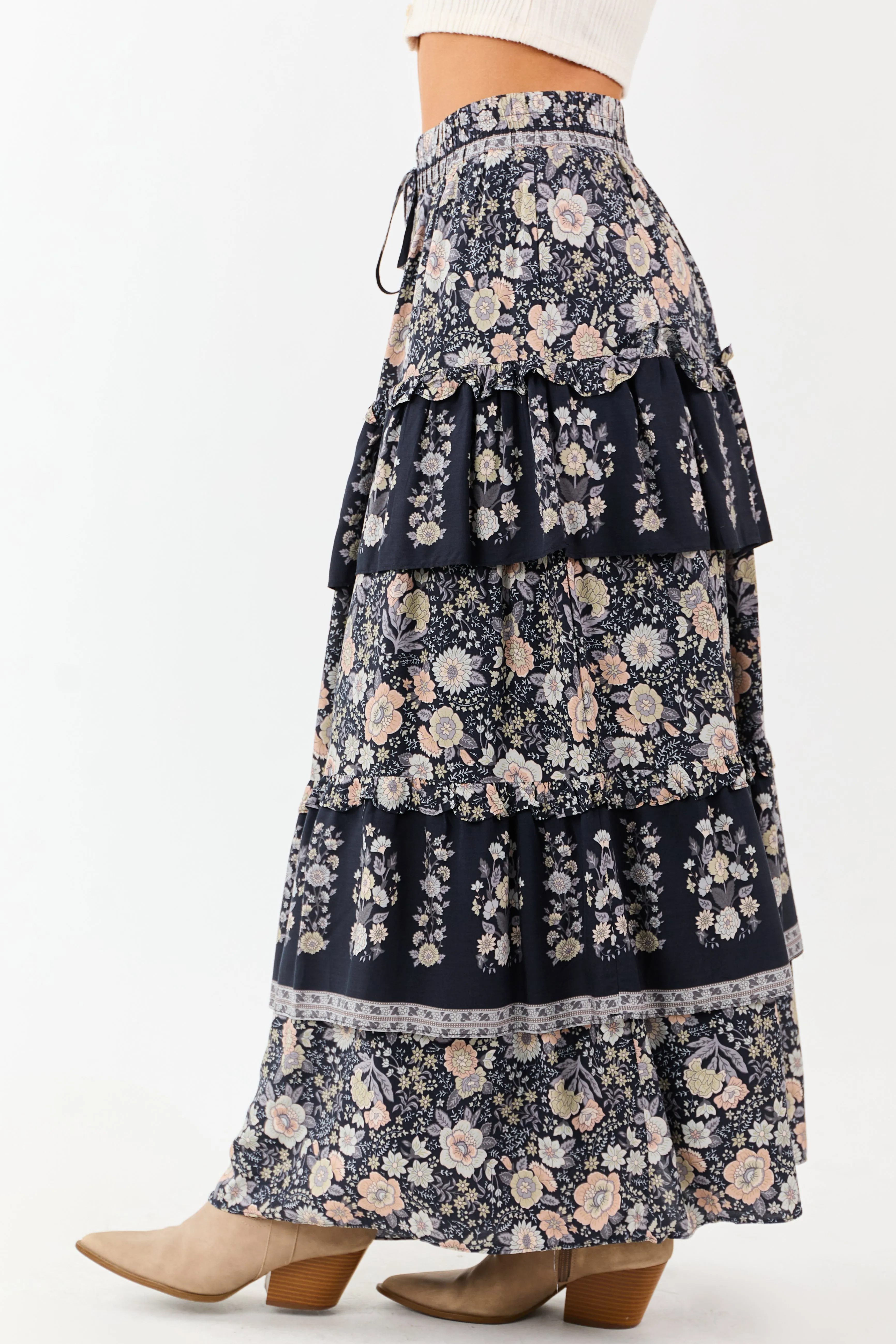 Navy Floral Print Ruffle Tiered Maxi Skirt sold by Lime Lush product image thumbnail 3