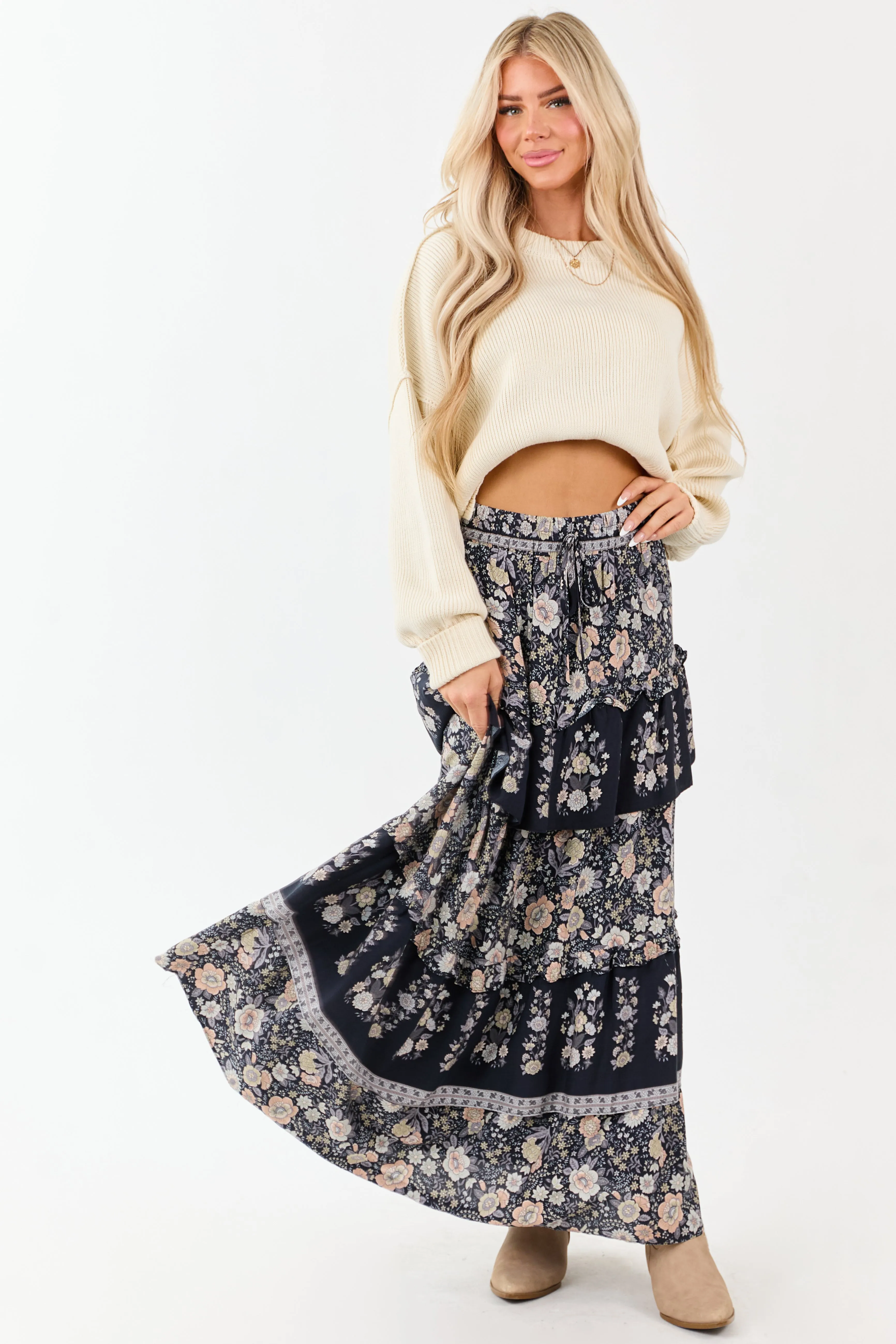 Navy Floral Print Ruffle Tiered Maxi Skirt sold by Lime Lush product image thumbnail 5