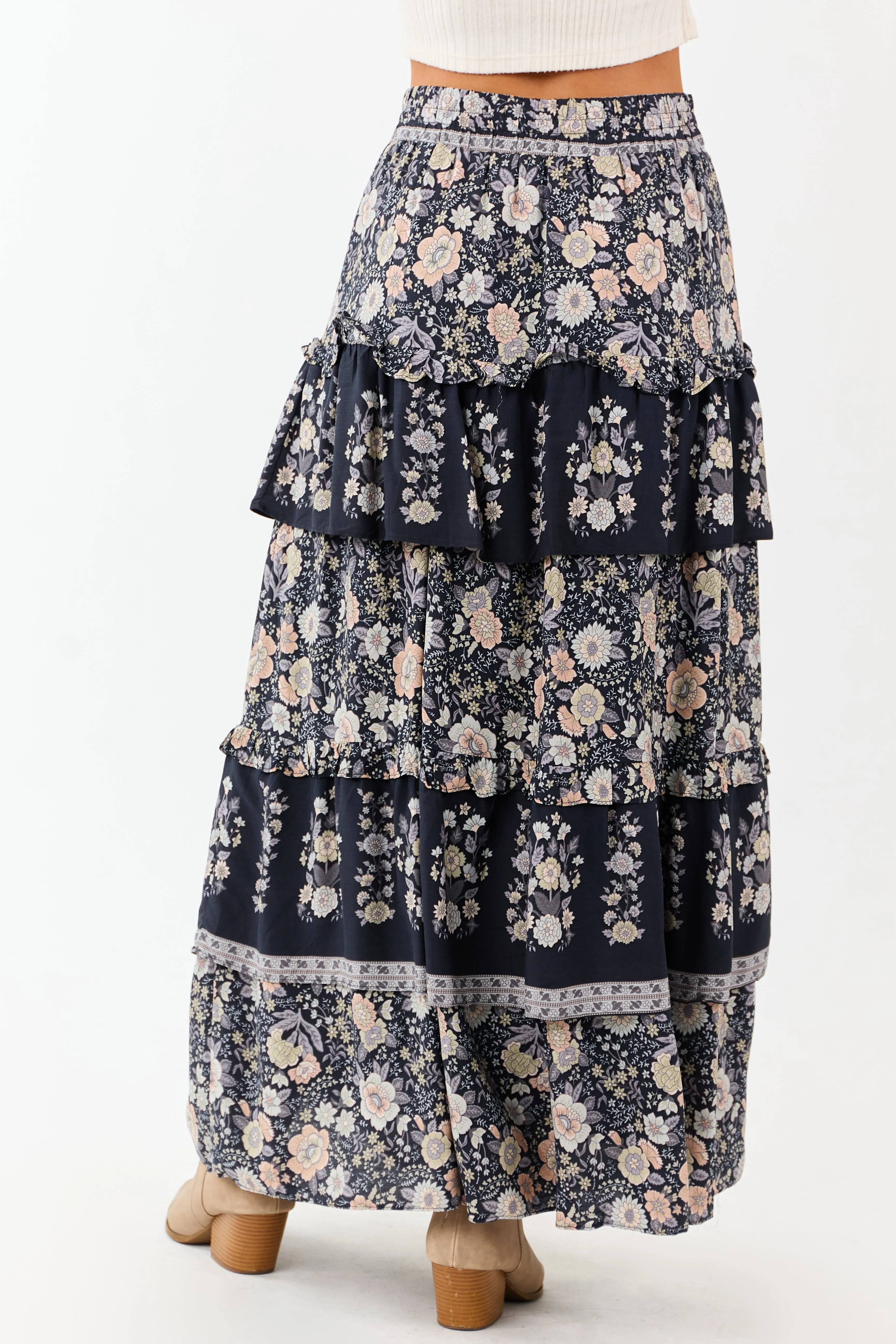 Navy Floral Print Ruffle Tiered Maxi Skirt sold by Lime Lush product image thumbnail 4