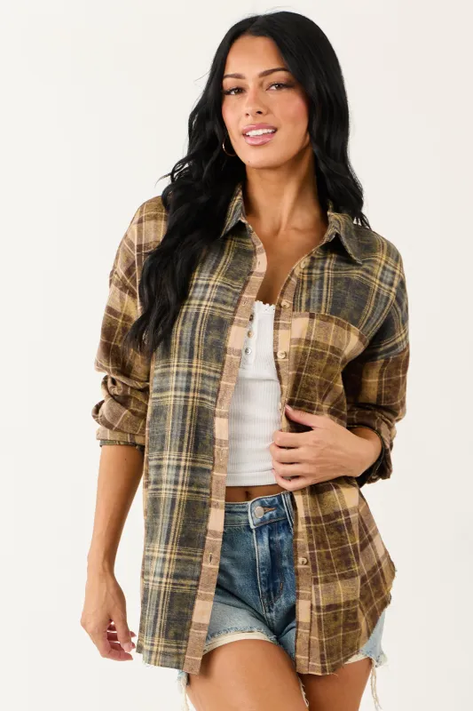 Sepia Plaid Flannel Button Down Long Sleeve Top sold by Lime Lush