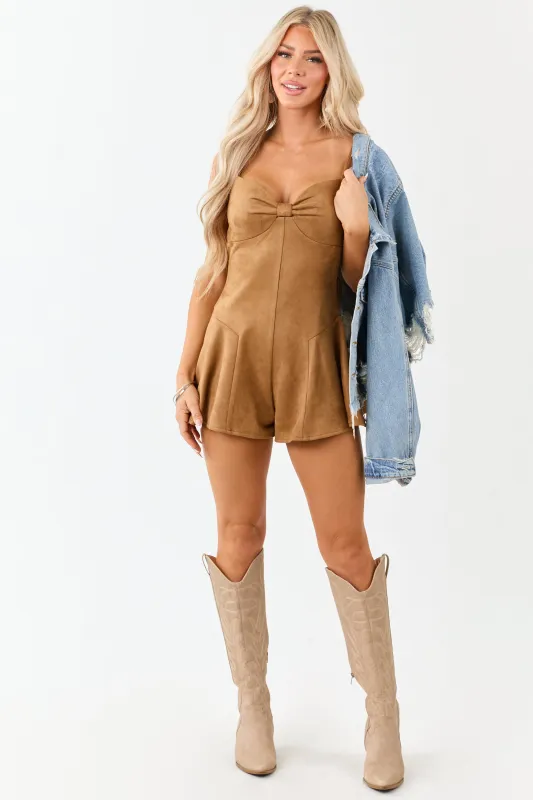Brown Sugar Faux Suede Bow Flare Shorts Romper sold by Lime Lush
