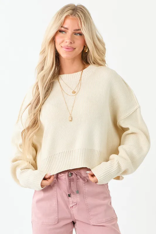 Cream Boxy Drop Shoulder Crop Rib Knit Sweater sold by Lime Lush
