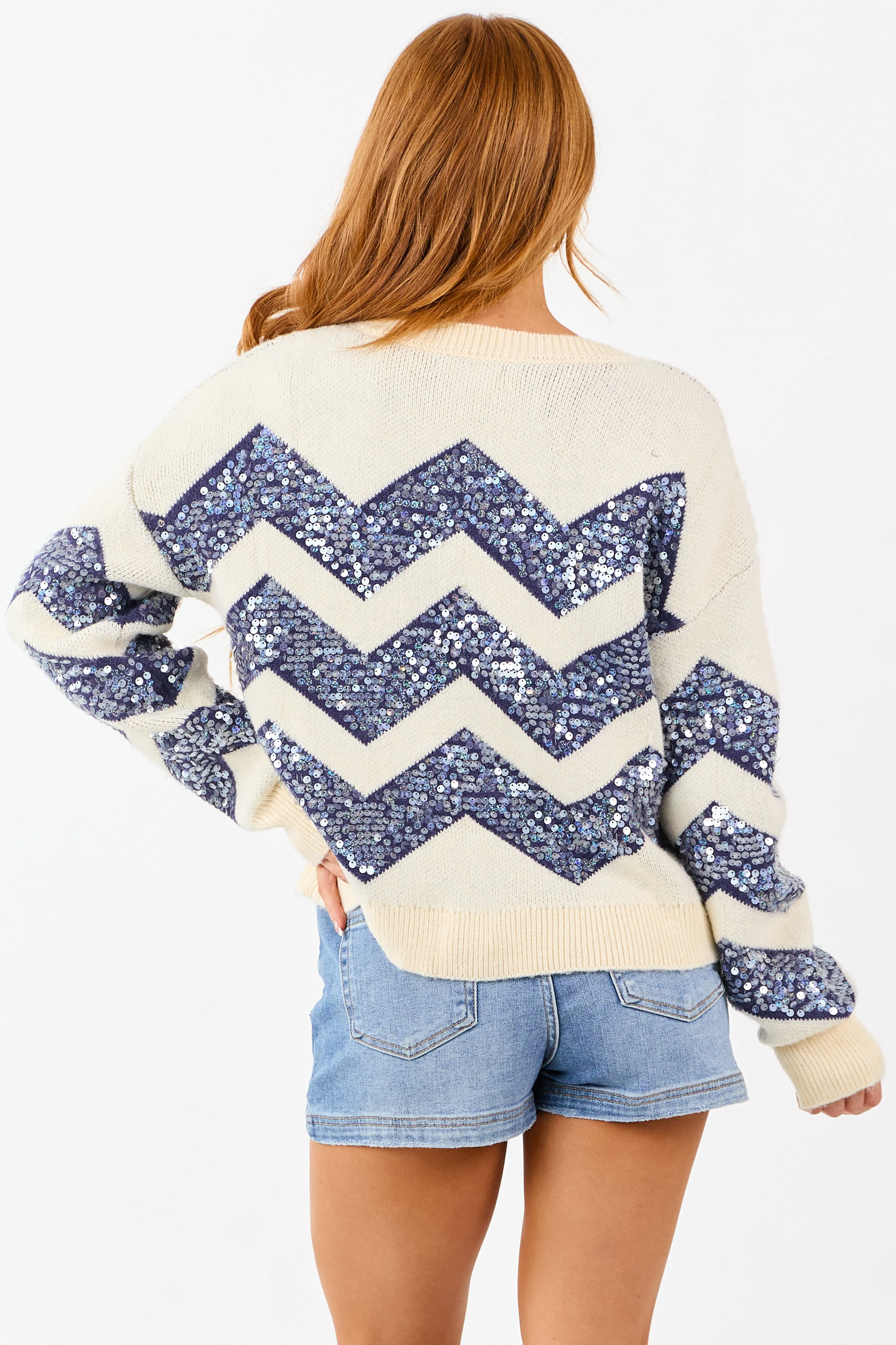Cream and Navy Chevron Sequined Knit Sweater sold by Lime Lush product image thumbnail 5
