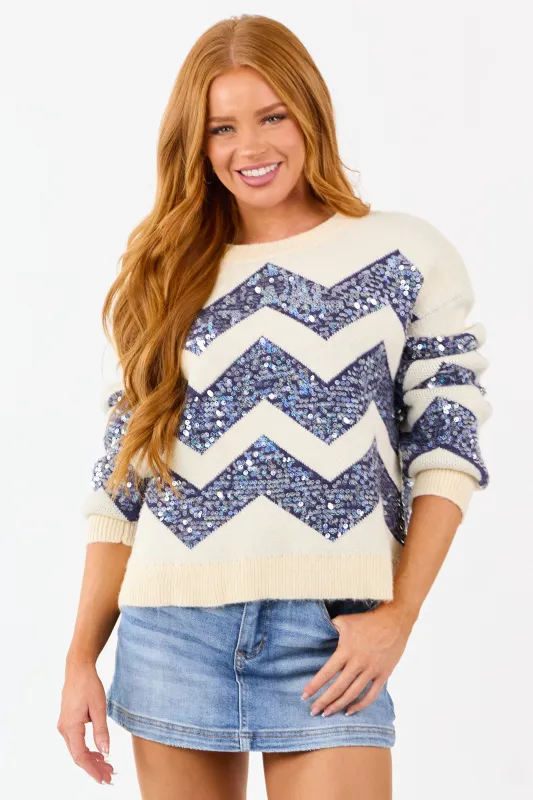 Cream and Navy Chevron Sequined Knit Sweater sold by Lime Lush