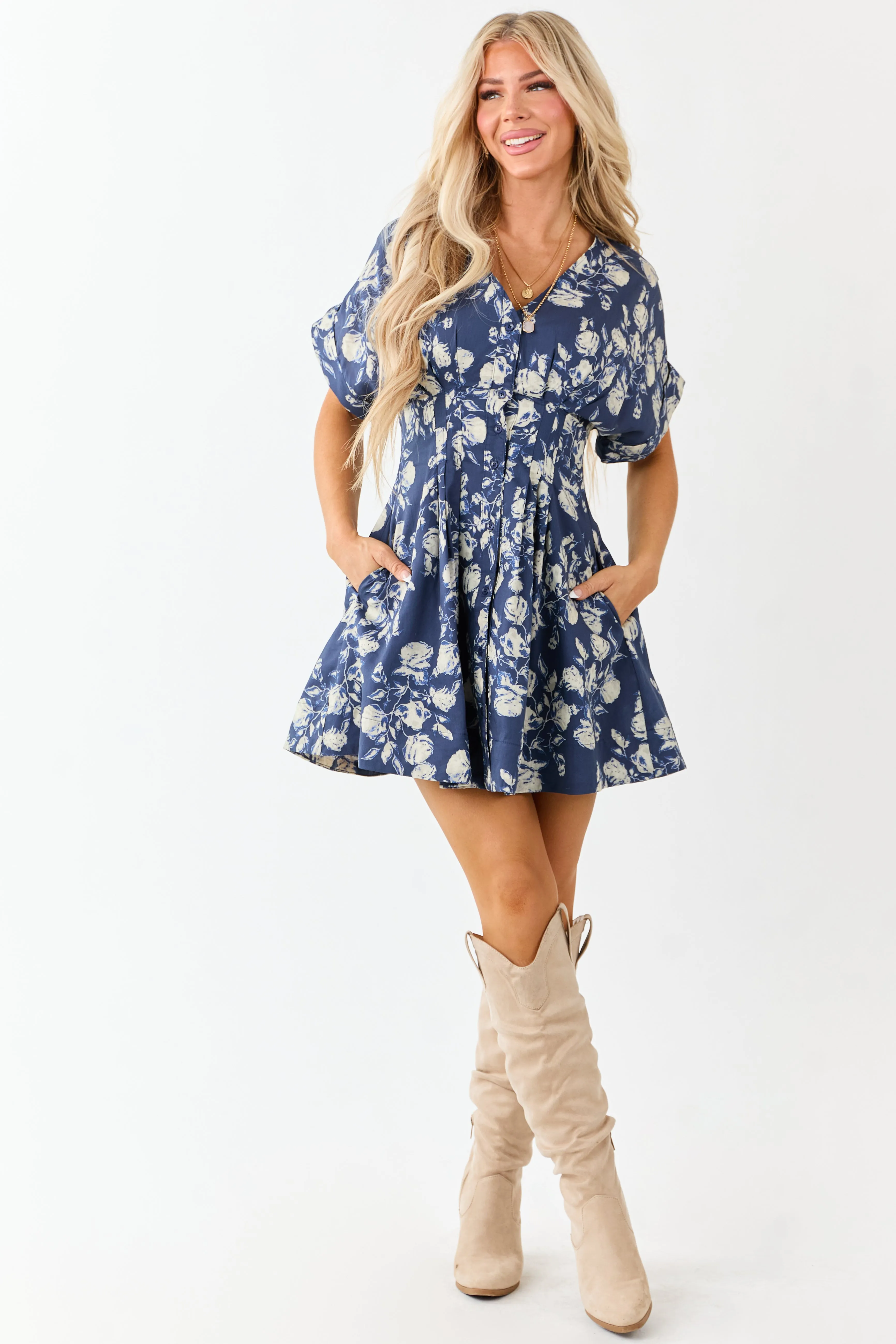 Entro Navy Floral Print Pleated Mini Dress sold by Lime Lush product image thumbnail 2