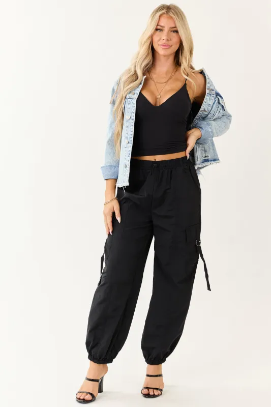 Black Drawstring Waistband Cargo Jogger Pants sold by Lime Lush
