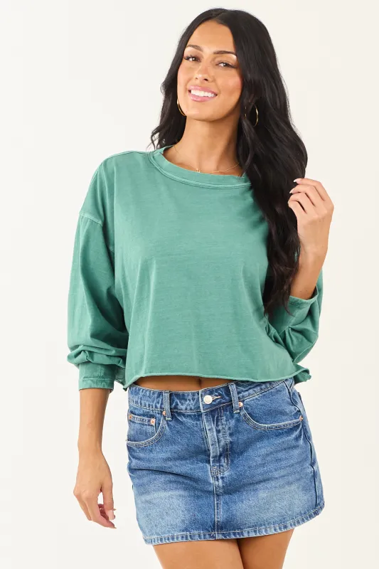 Jungle Green Washed Long Sleeve Cotton Top sold by Lime Lush