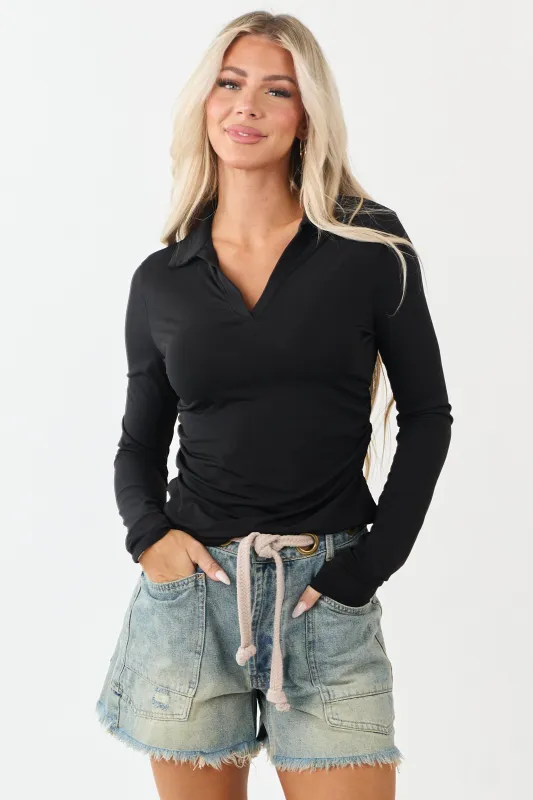 Black V Neck Long Sleeve Collared Knit Top sold by Lime Lush
