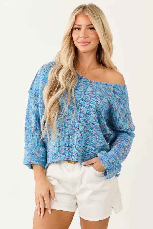 Turquoise Speckled Knit V Neck Front Seam Sweater sold by Lime Lush