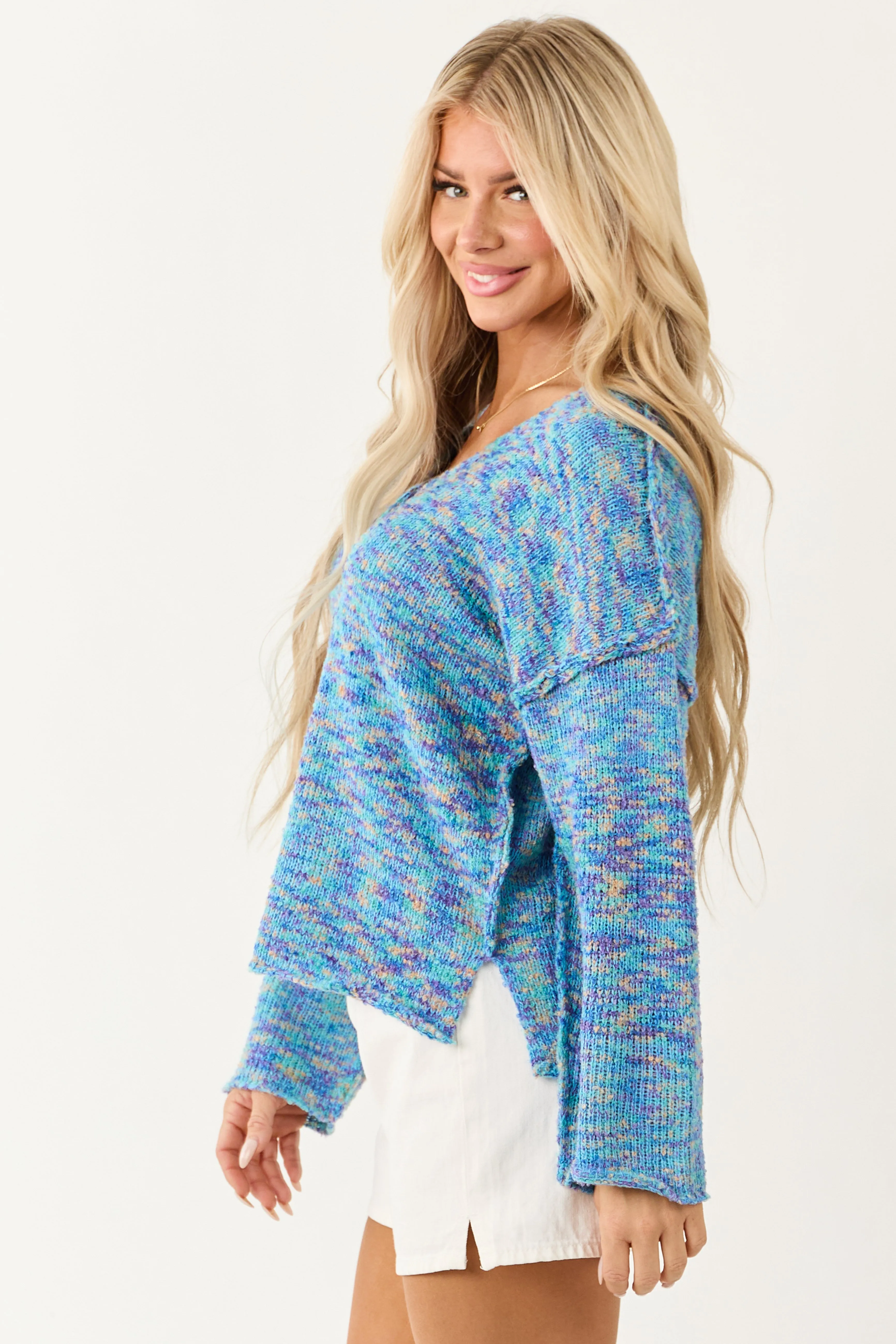 Turquoise Speckled Knit V Neck Front Seam Sweater sold by Lime Lush product image thumbnail 4