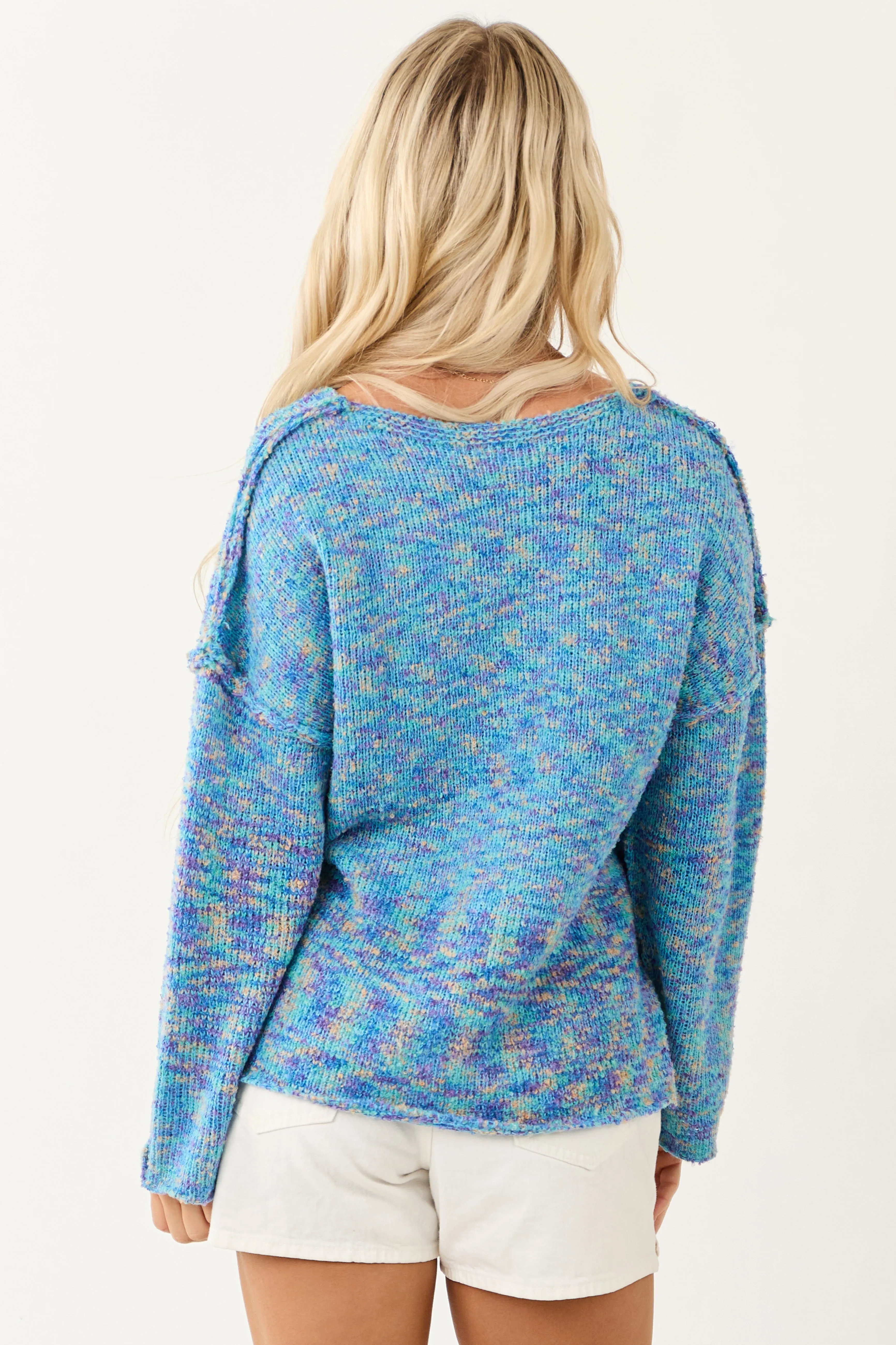 Turquoise Speckled Knit V Neck Front Seam Sweater sold by Lime Lush product image thumbnail 5