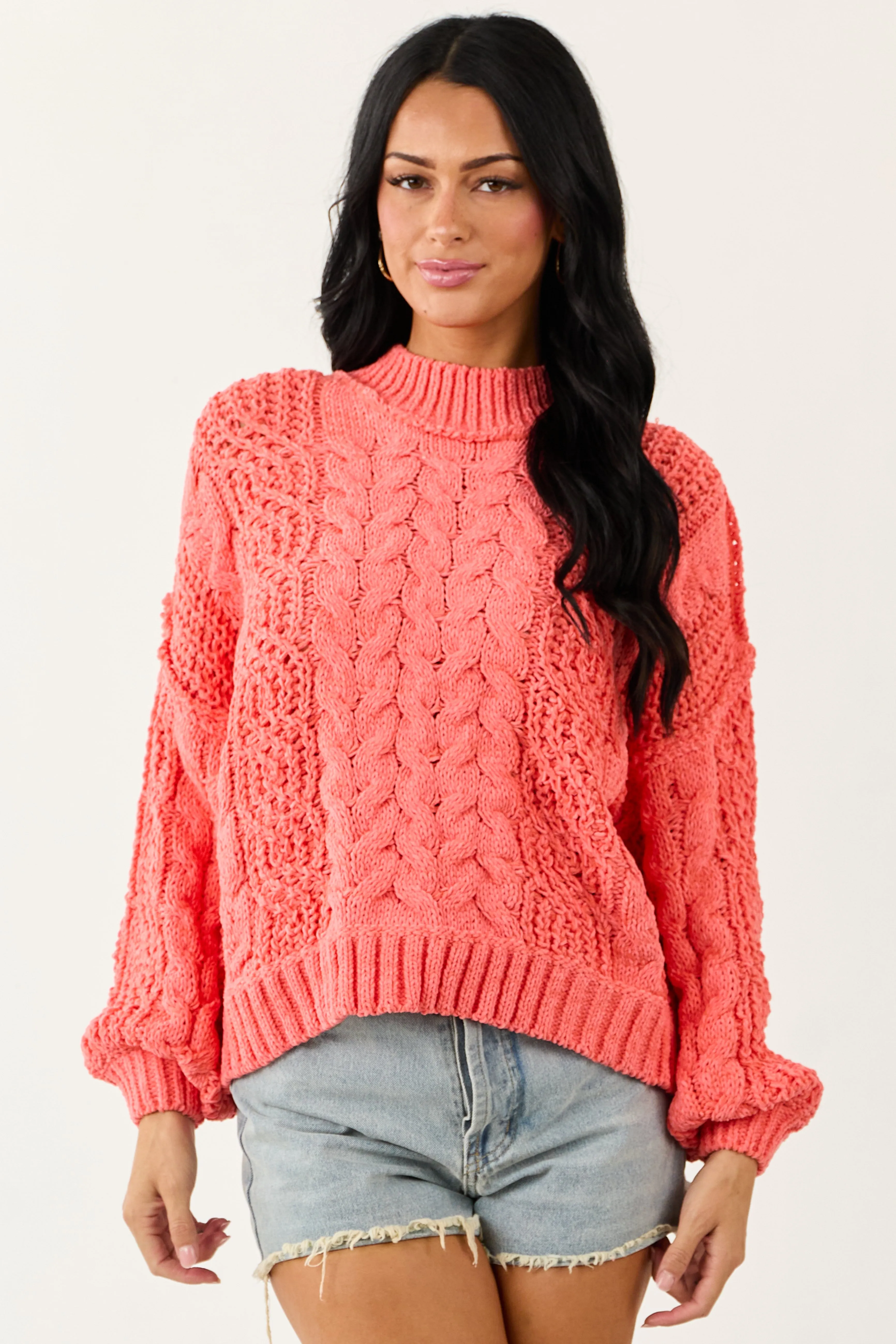 POL Coral Mock Neck Bubble Sleeve Cable Knit Sweater sold by Lime Lush