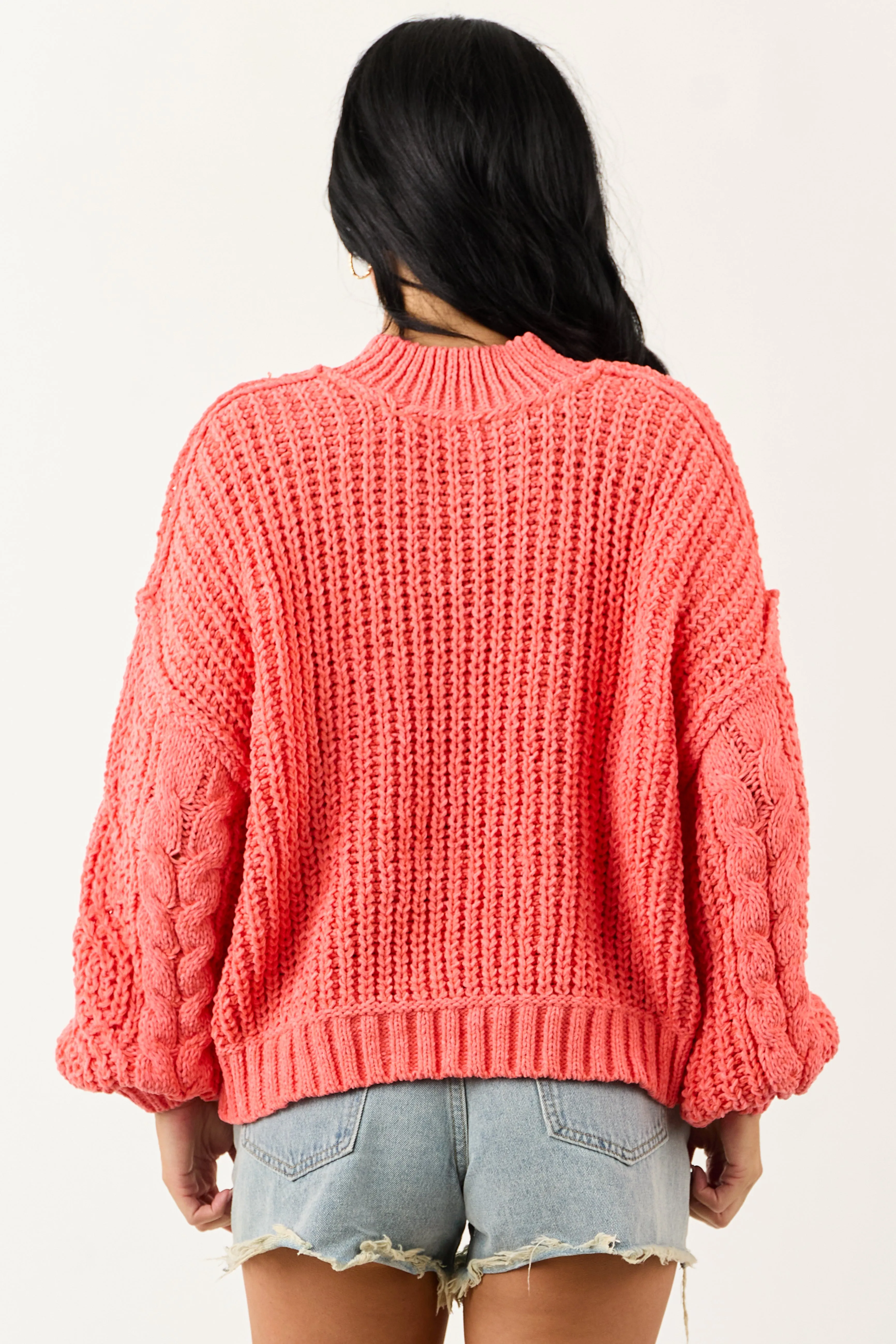 POL Coral Mock Neck Bubble Sleeve Cable Knit Sweater sold by Lime Lush product image thumbnail 5