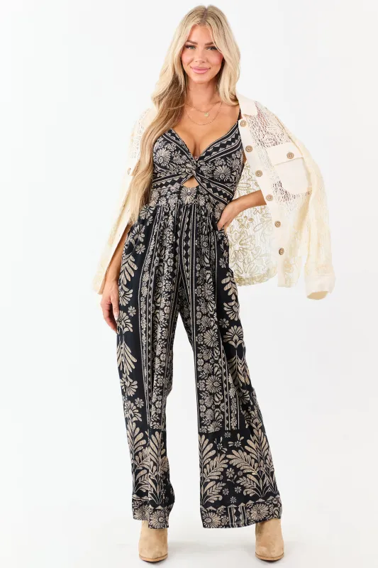 Black Abstract Floral Print Twist Front Jumpsuit sold by Lime Lush