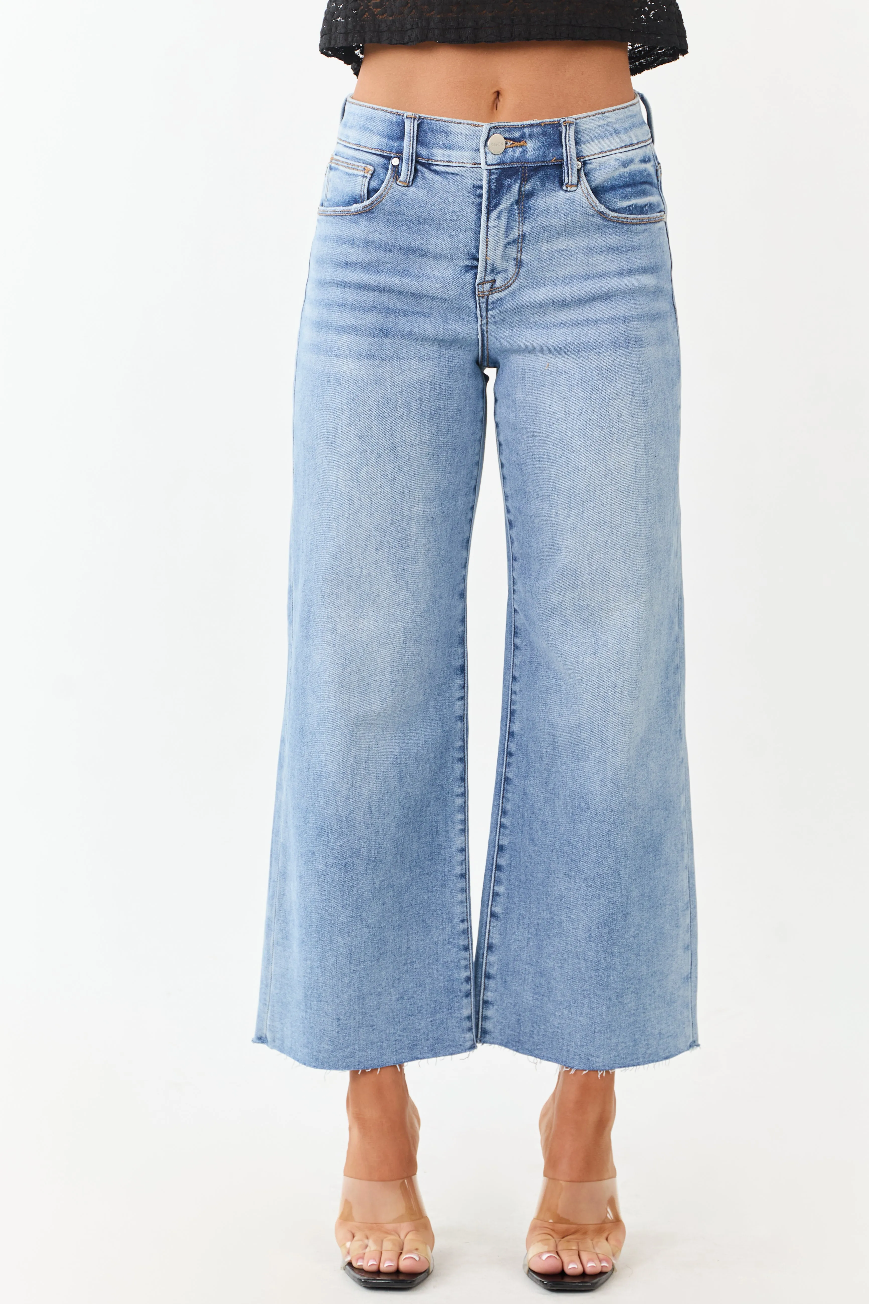Risen Tummy Control Stretchy Wide Leg Crop Jeans sold by Lime Lush