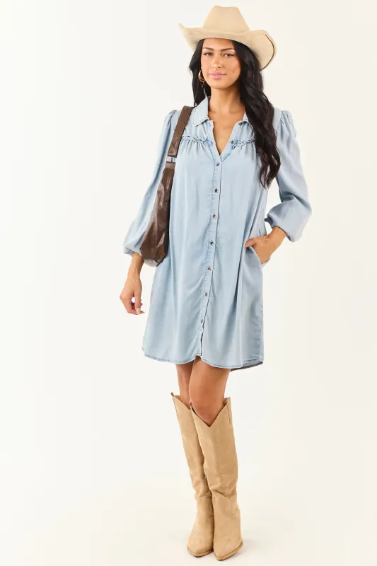 Light Wash Button Down Chambray Denim Mini Dress sold by Lime Lush
