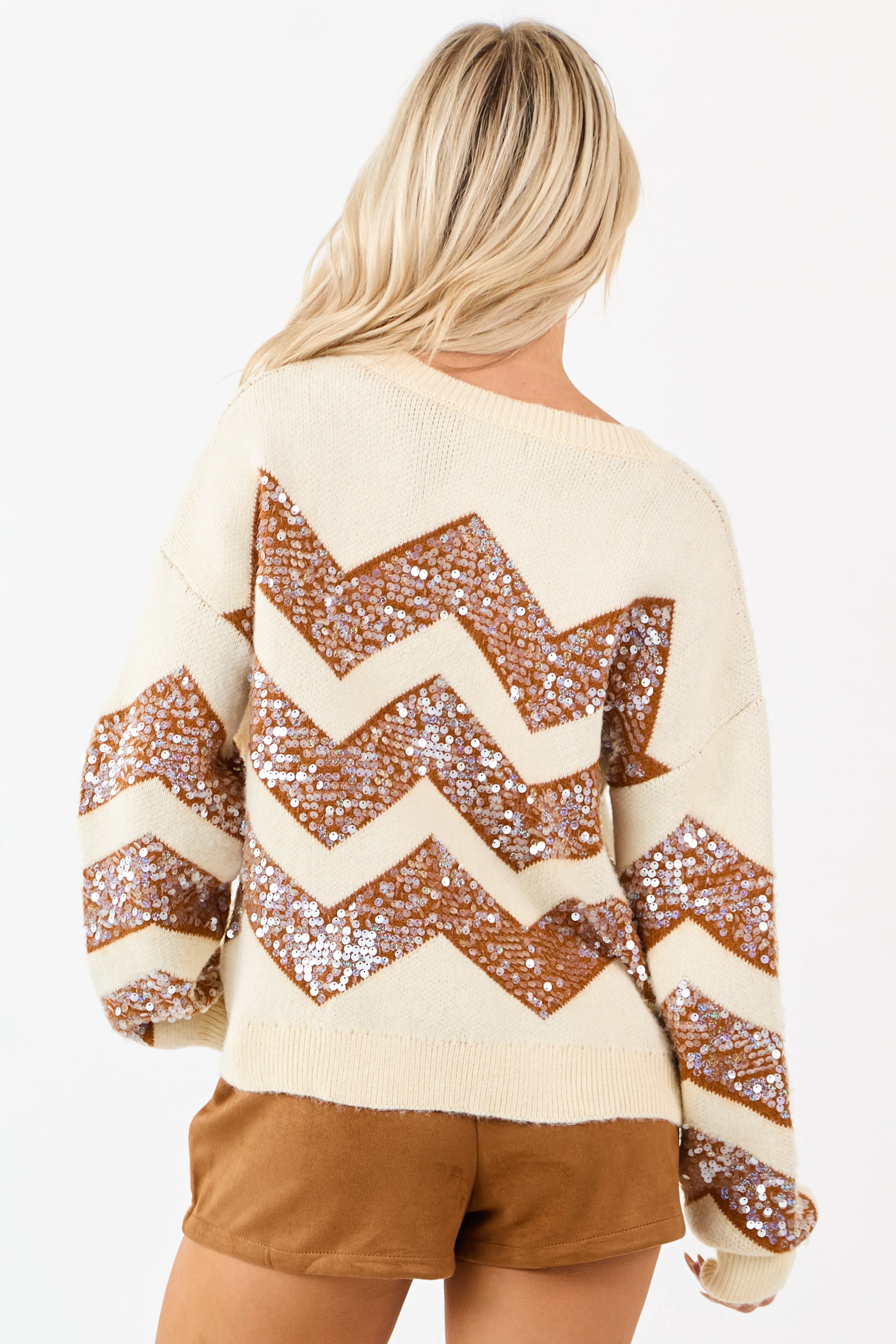 Cream and Sepia Chevron Sequined Knit Sweater sold by Lime Lush product image thumbnail 5