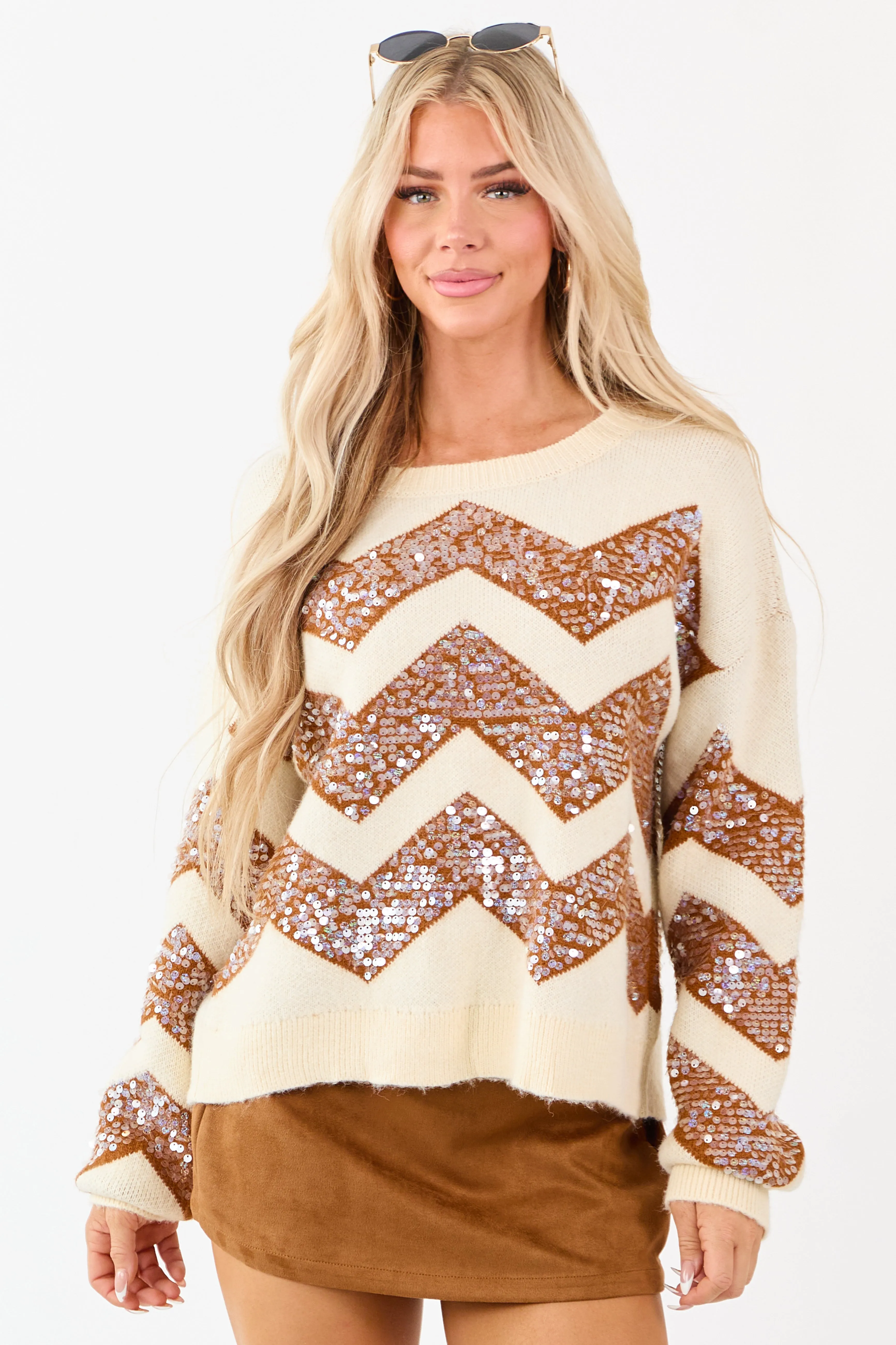 Cream and Sepia Chevron Sequined Knit Sweater sold by Lime Lush