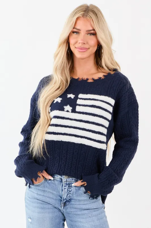 Navy American Flag Graphic Shredded Trim Sweater sold by Lime Lush