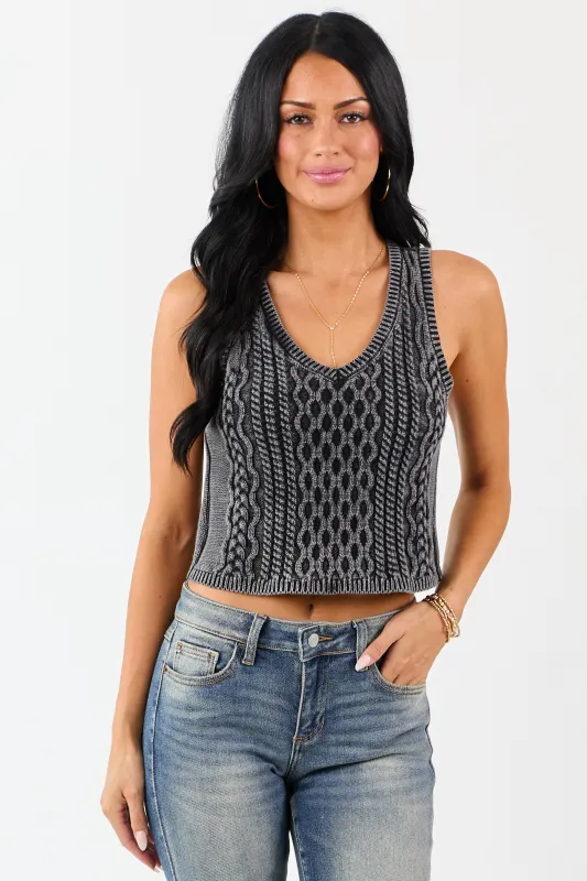Washed Charcoal Cable Knit Cotton Crop Tank Top sold by Lime Lush