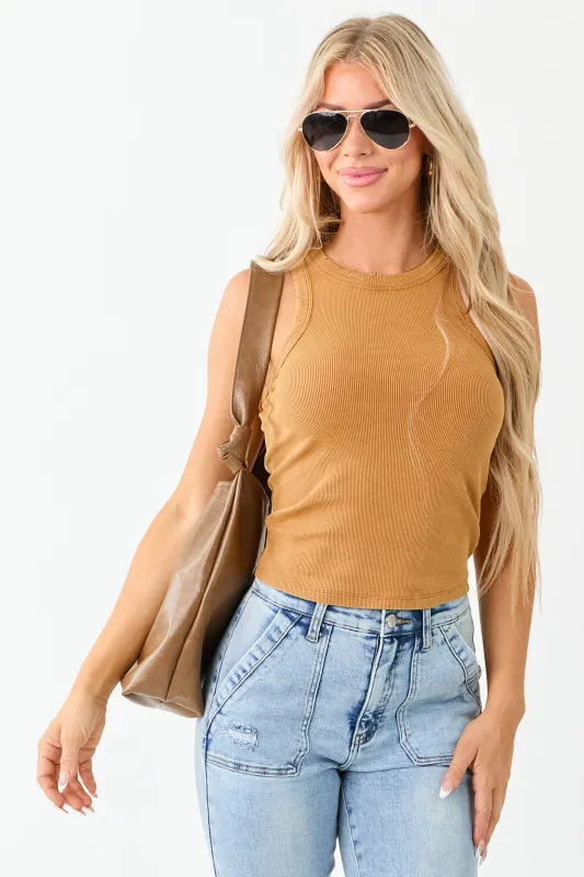 Dark Mango Distressed Trim Knit Tank Top sold by Lime Lush