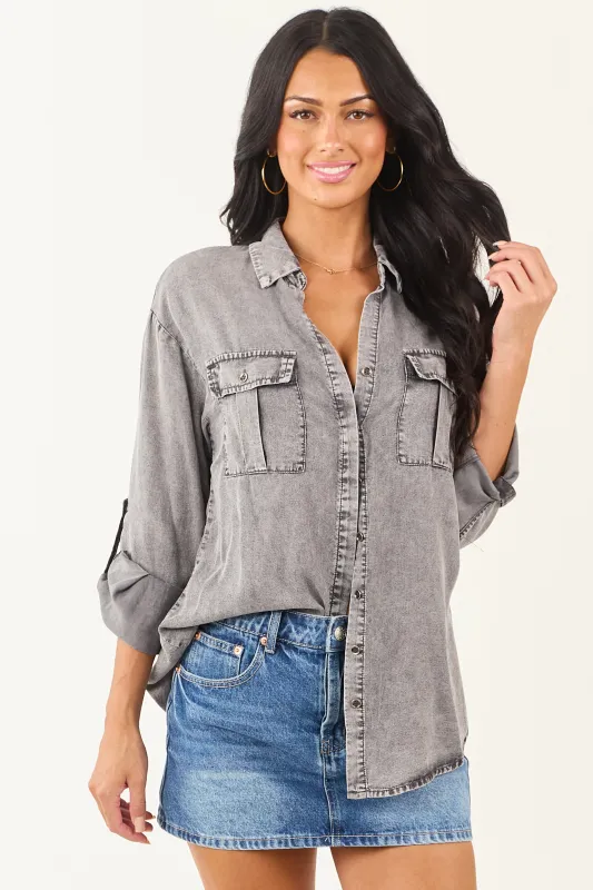 Steel Washed Chambray Denim Button Up Top sold by Lime Lush