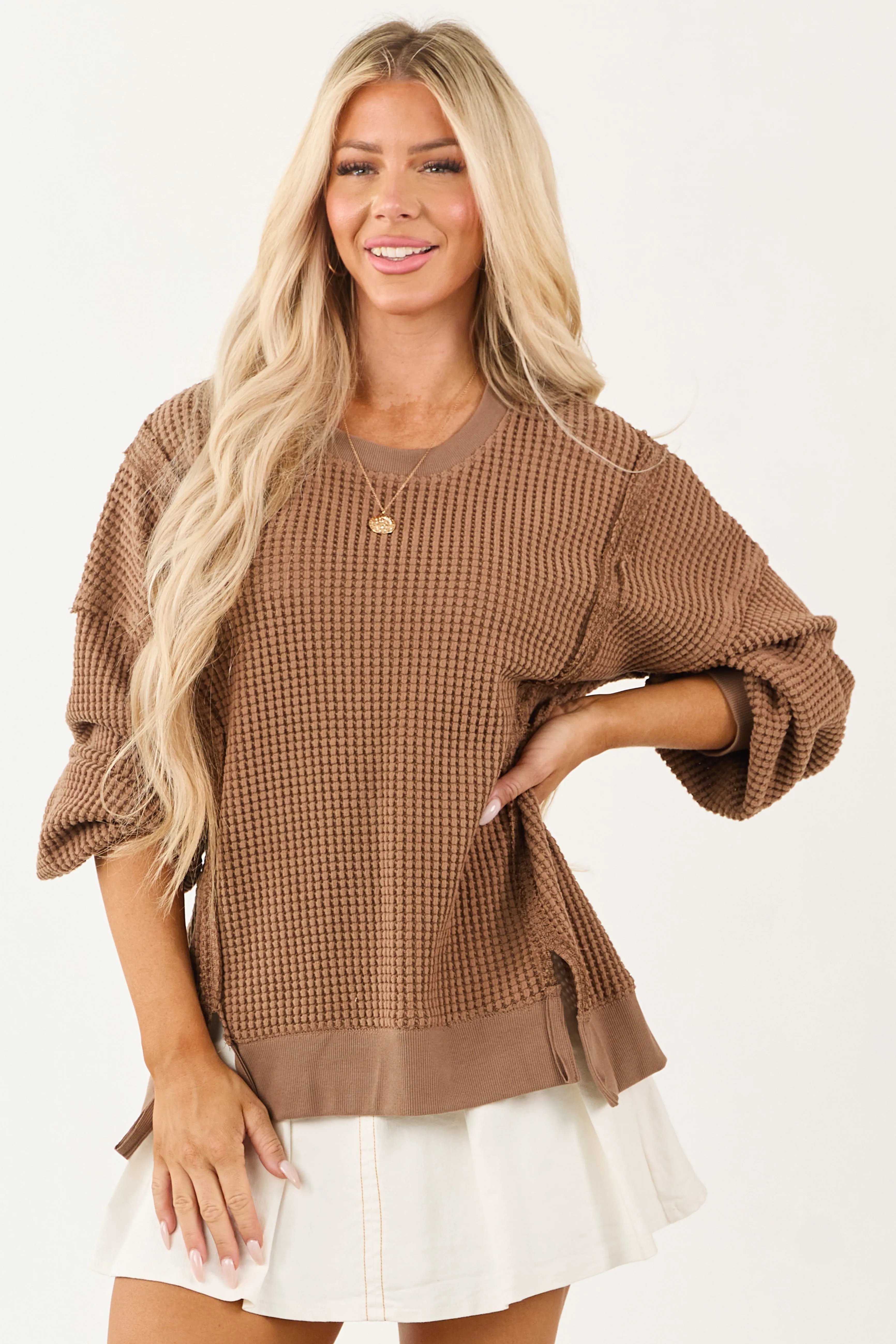Coffee Waffle Knit Relaxed Long Sleeve Top sold by Lime Lush