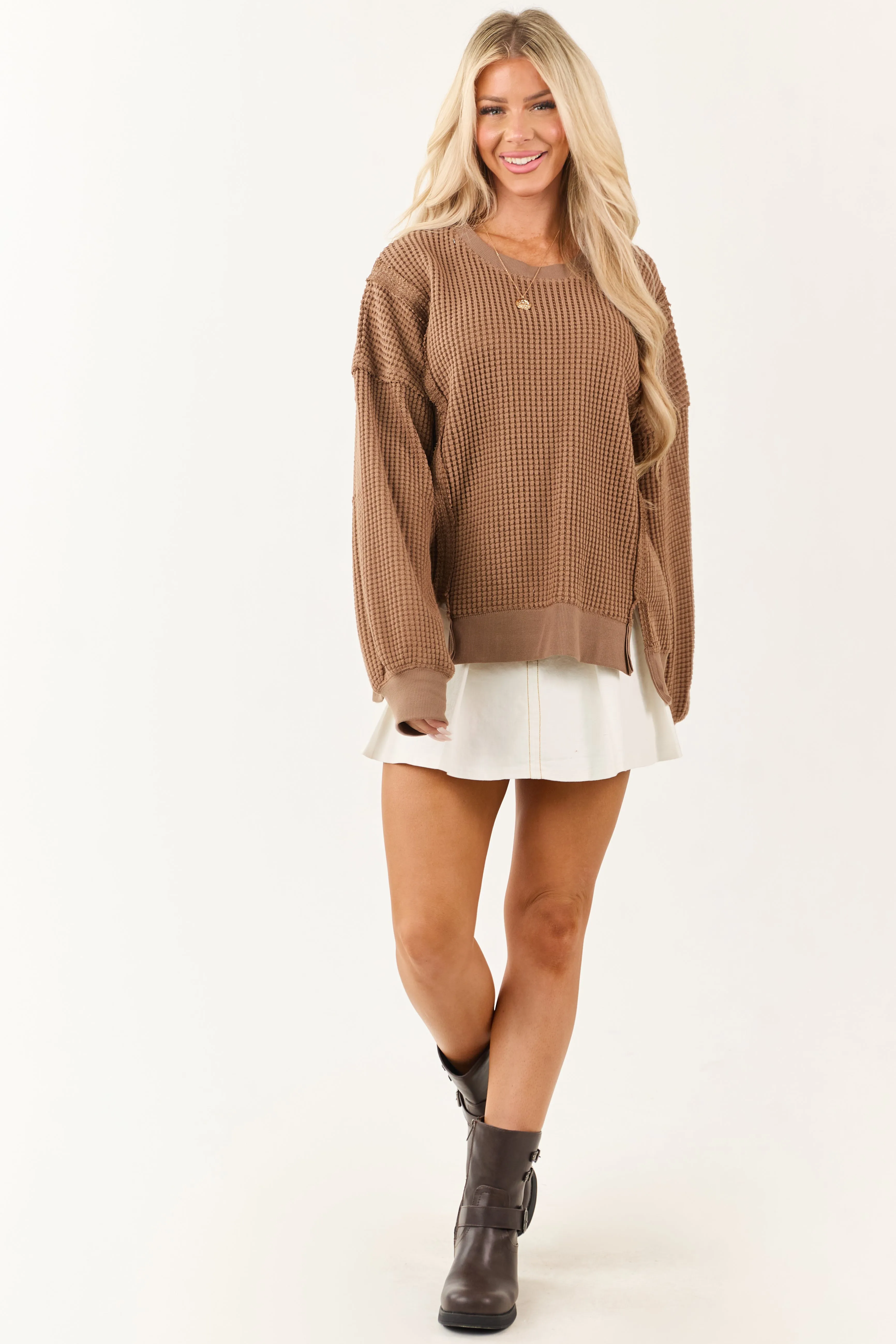 Coffee Waffle Knit Relaxed Long Sleeve Top sold by Lime Lush product image thumbnail 4