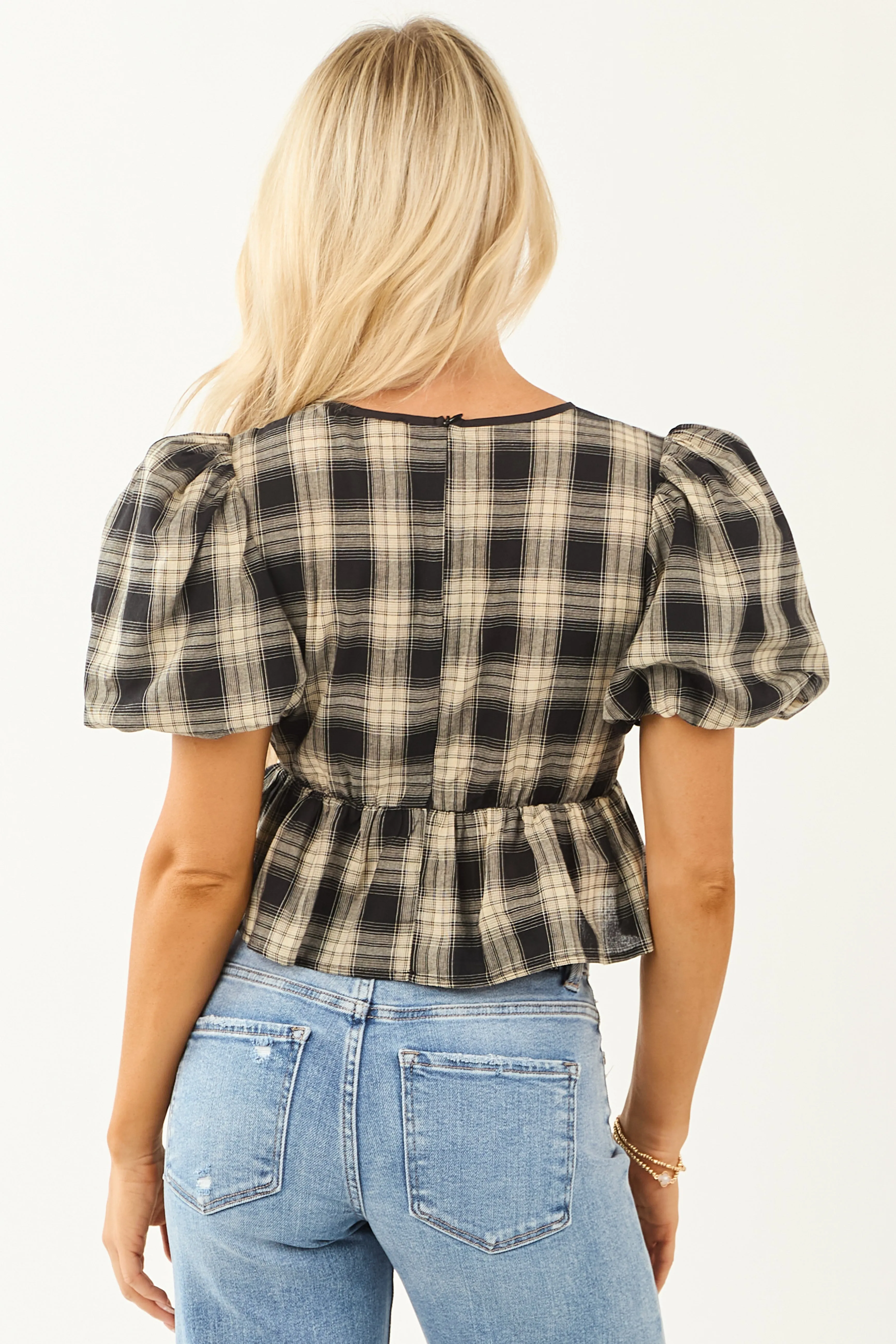 Black and Sand Plaid Puff Sleeve Peplum Top sold by Lime Lush product image thumbnail 5