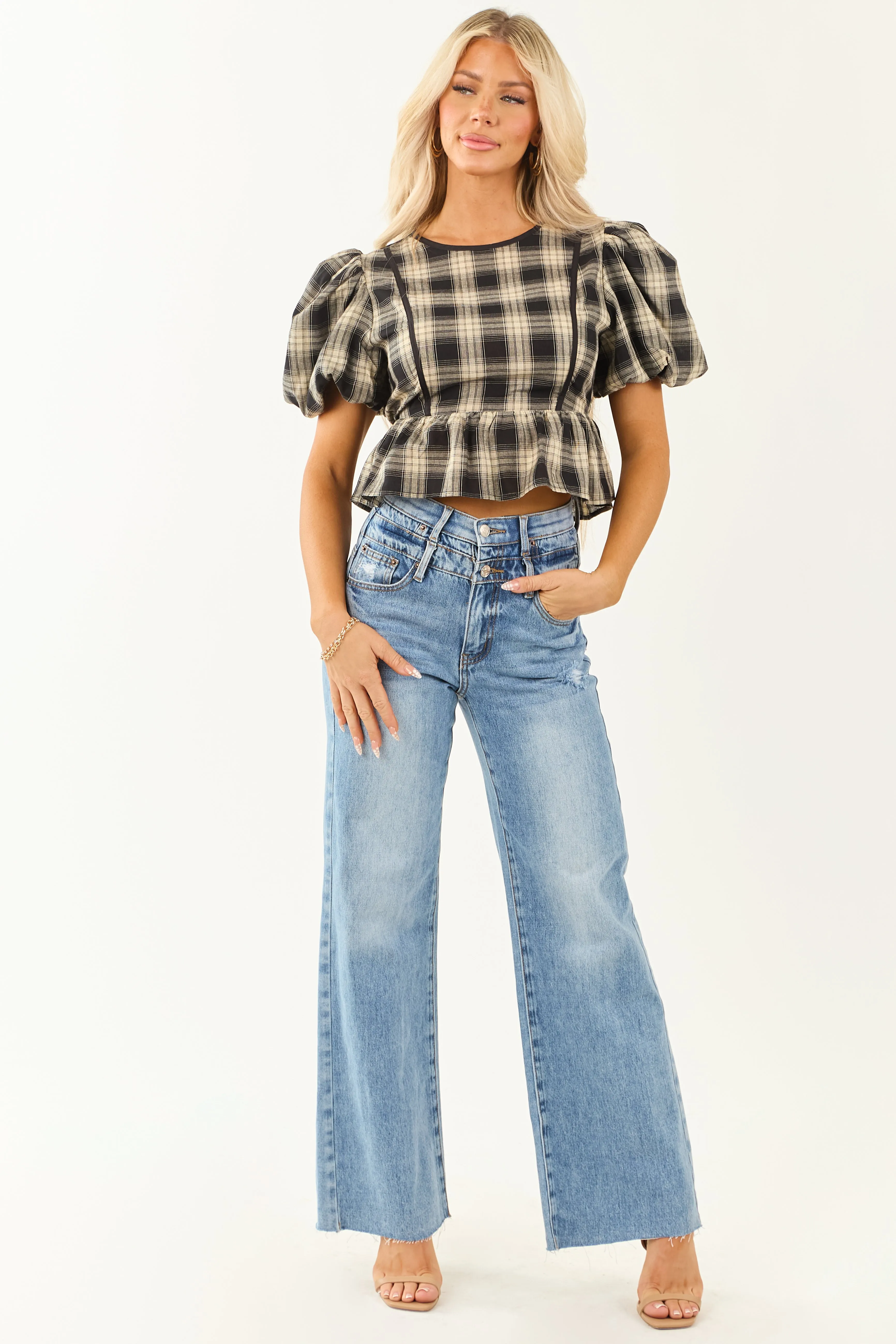 Black and Sand Plaid Puff Sleeve Peplum Top sold by Lime Lush product image thumbnail 2