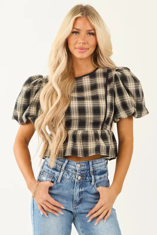 Black and Sand Plaid Puff Sleeve Peplum Top sold by Lime Lush