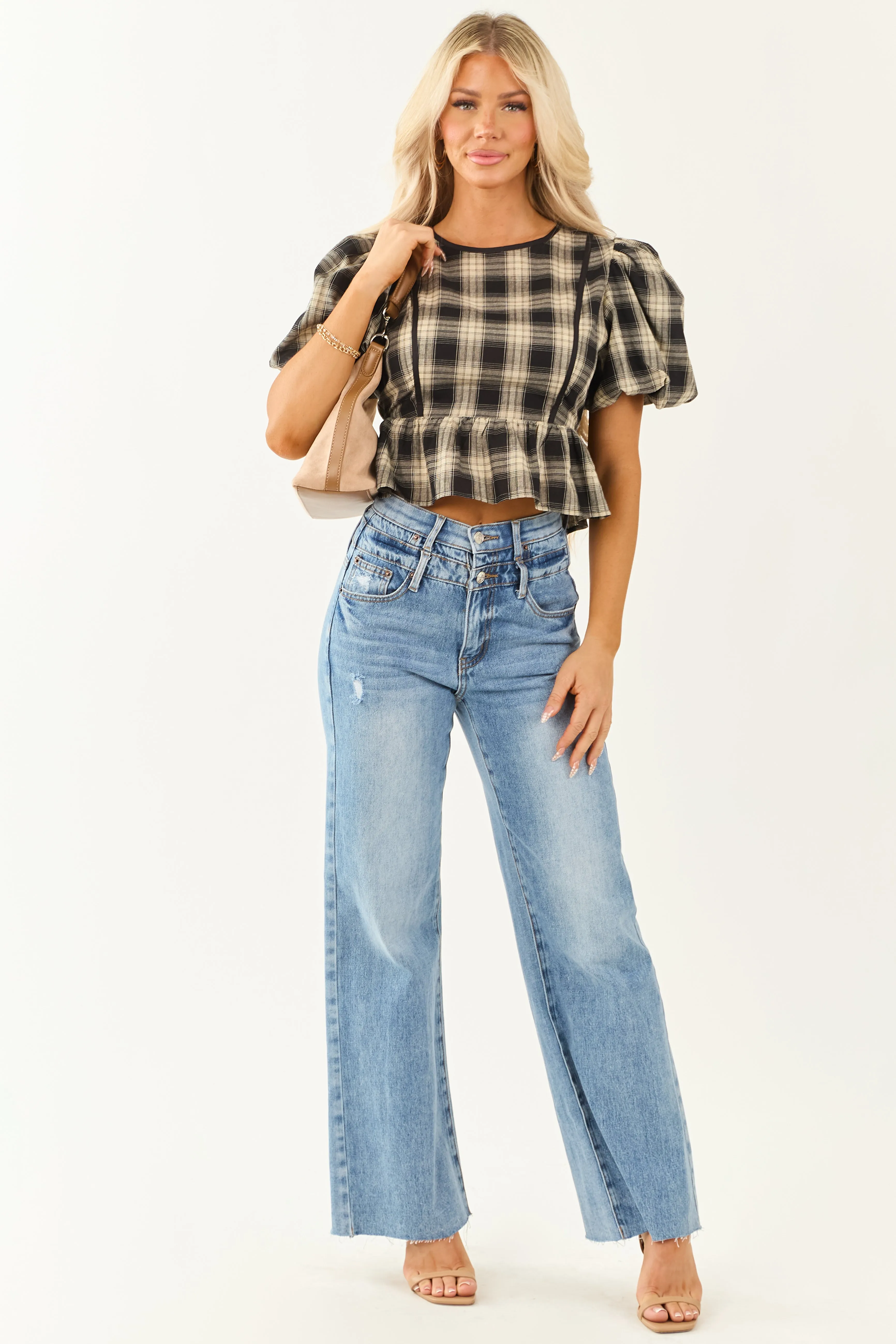 Black and Sand Plaid Puff Sleeve Peplum Top sold by Lime Lush product image thumbnail 3